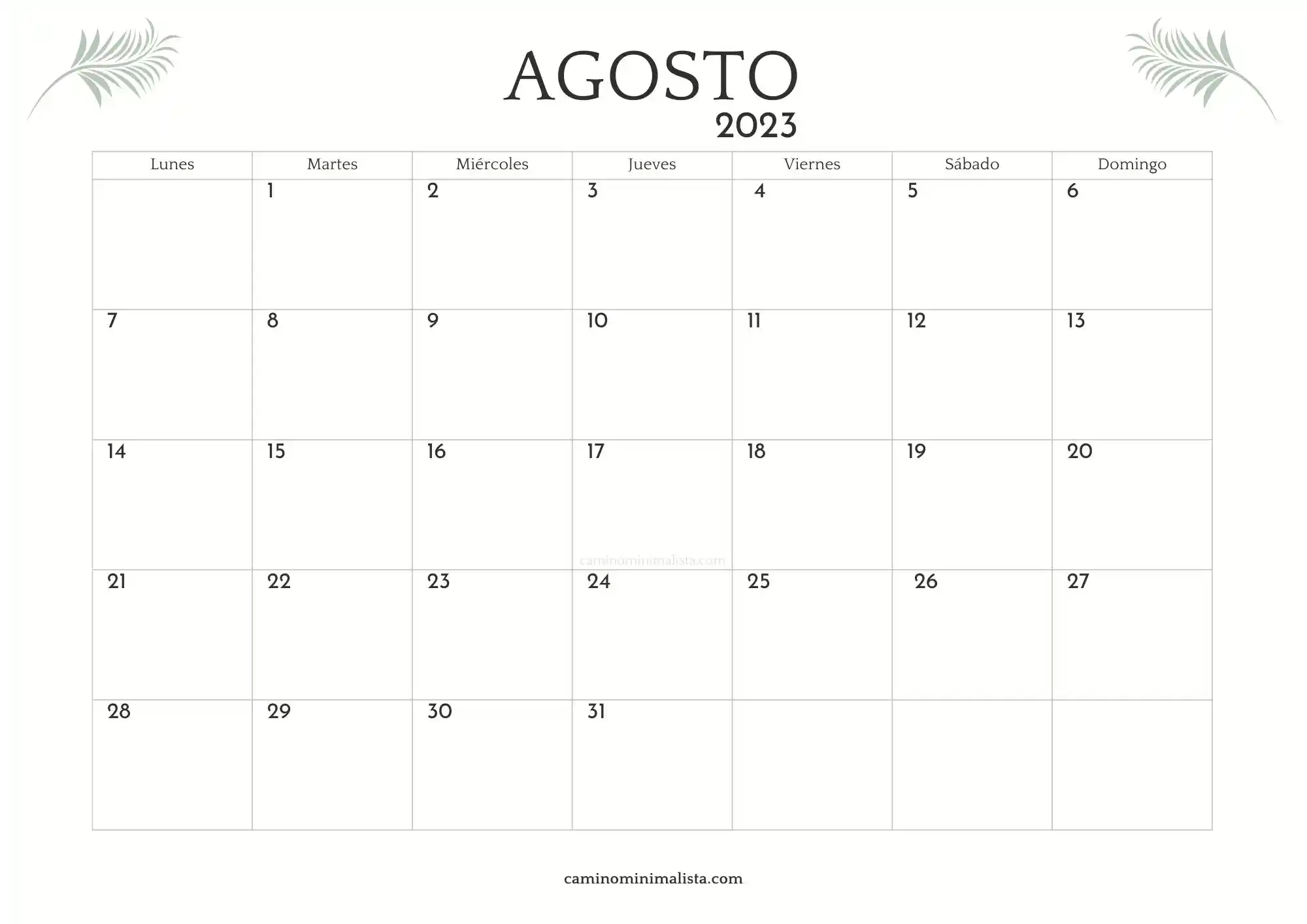 Calendario Agosto 2023 minimalista