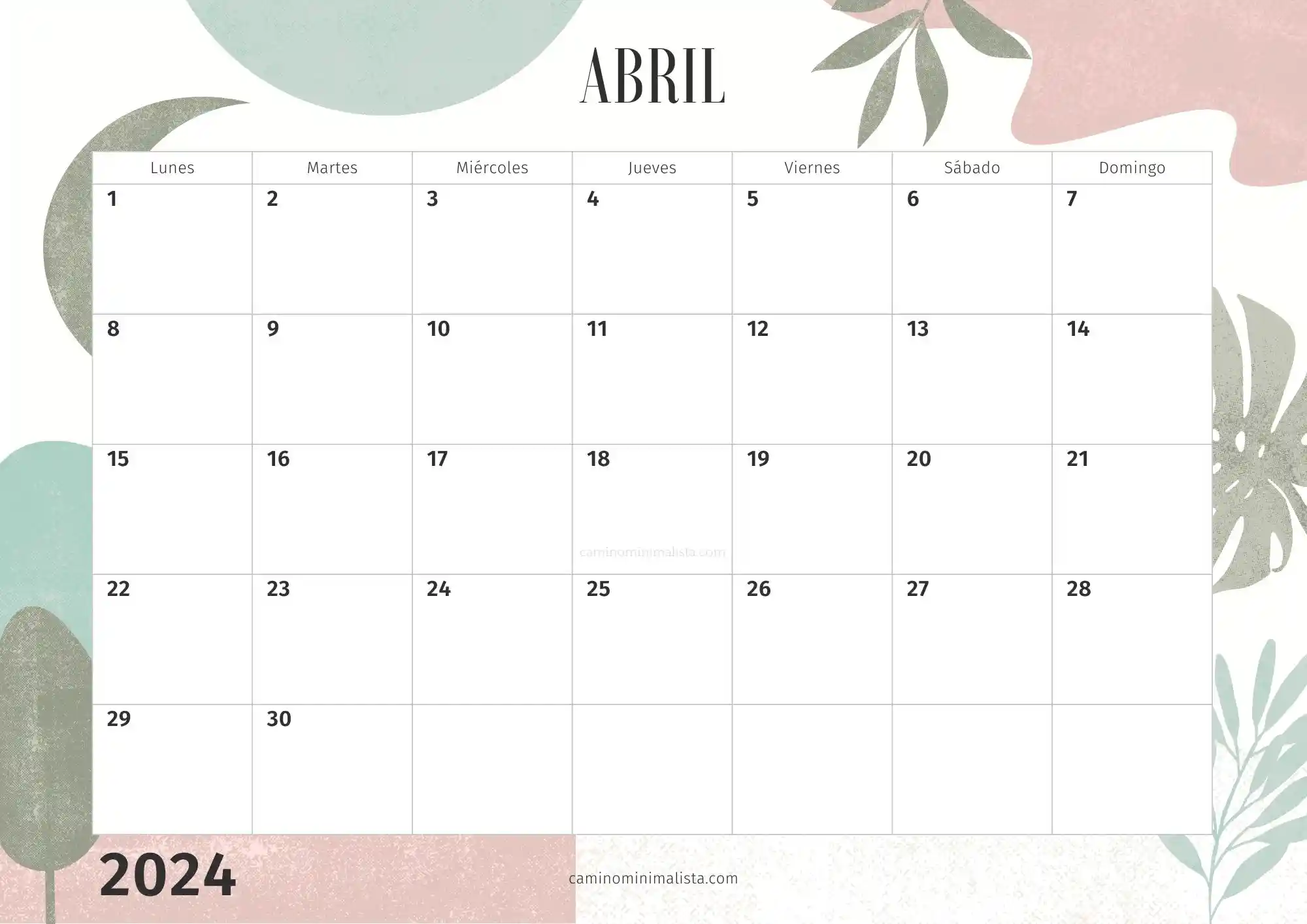 Calendario Abril 2024 decorado bonito
