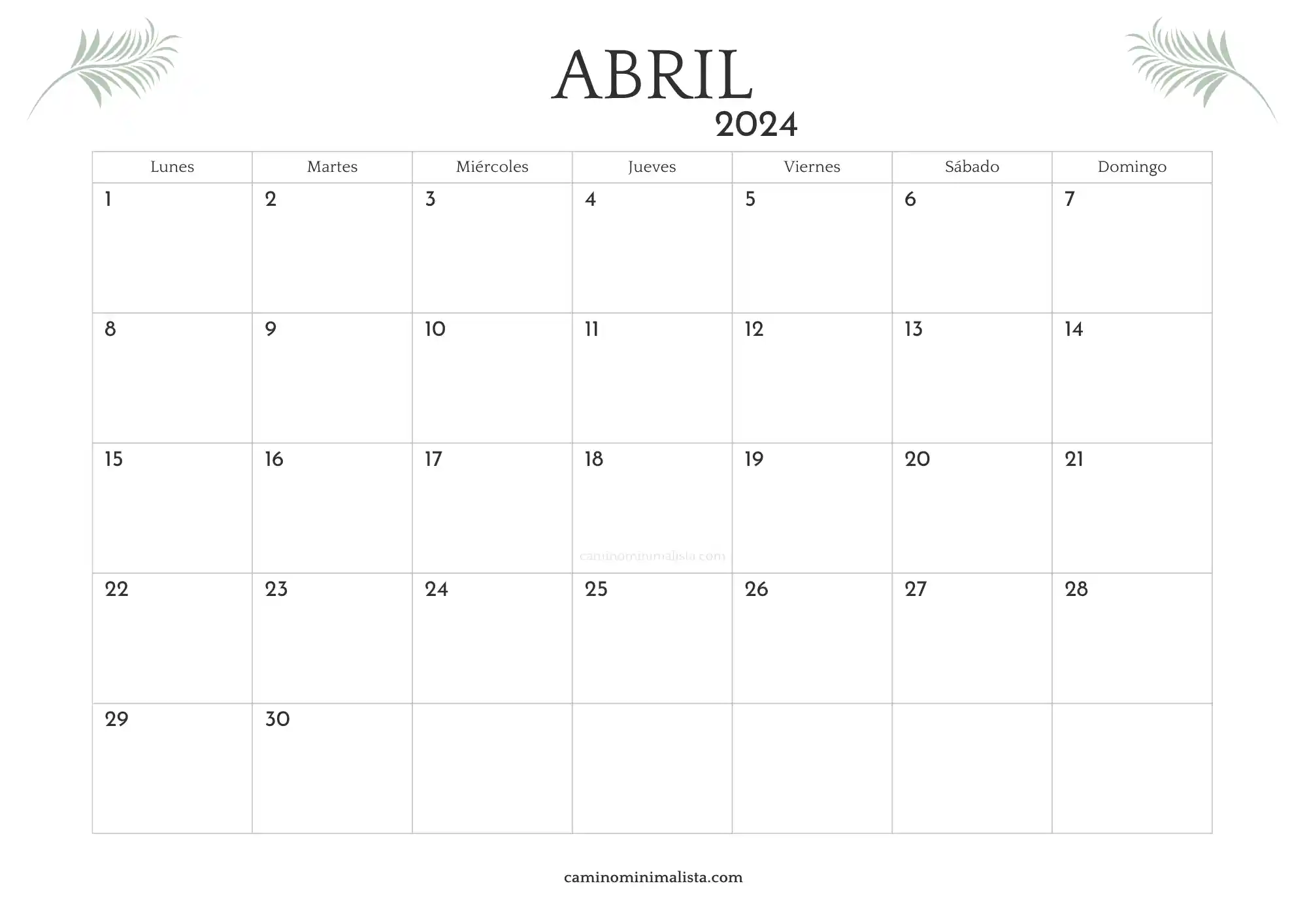 Calendario Abril 2024 minimalista