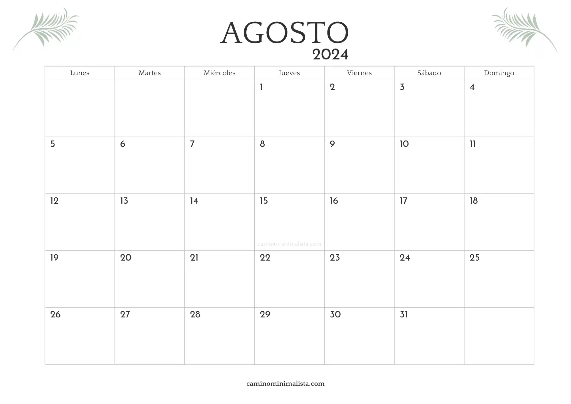 Calendario Agosto 2024 minimalista