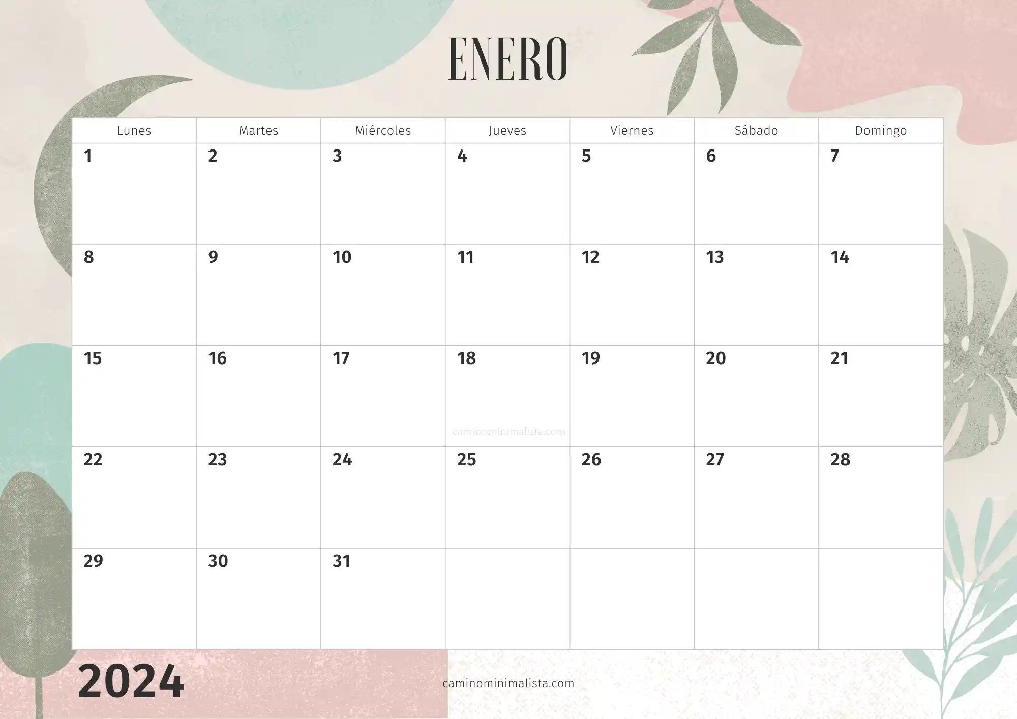 Calendario Enero 2024 decorado bonito