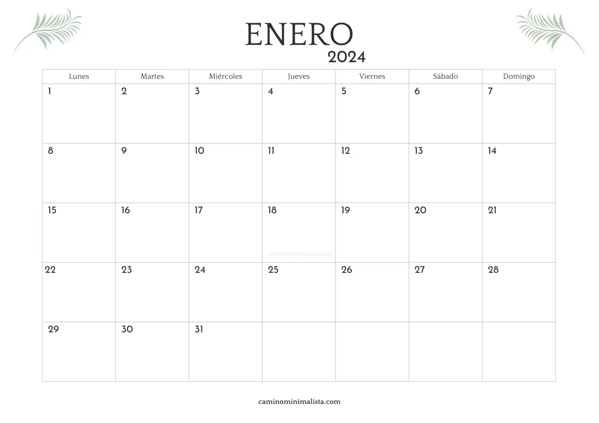 Calendario Enero 2024 minimalista