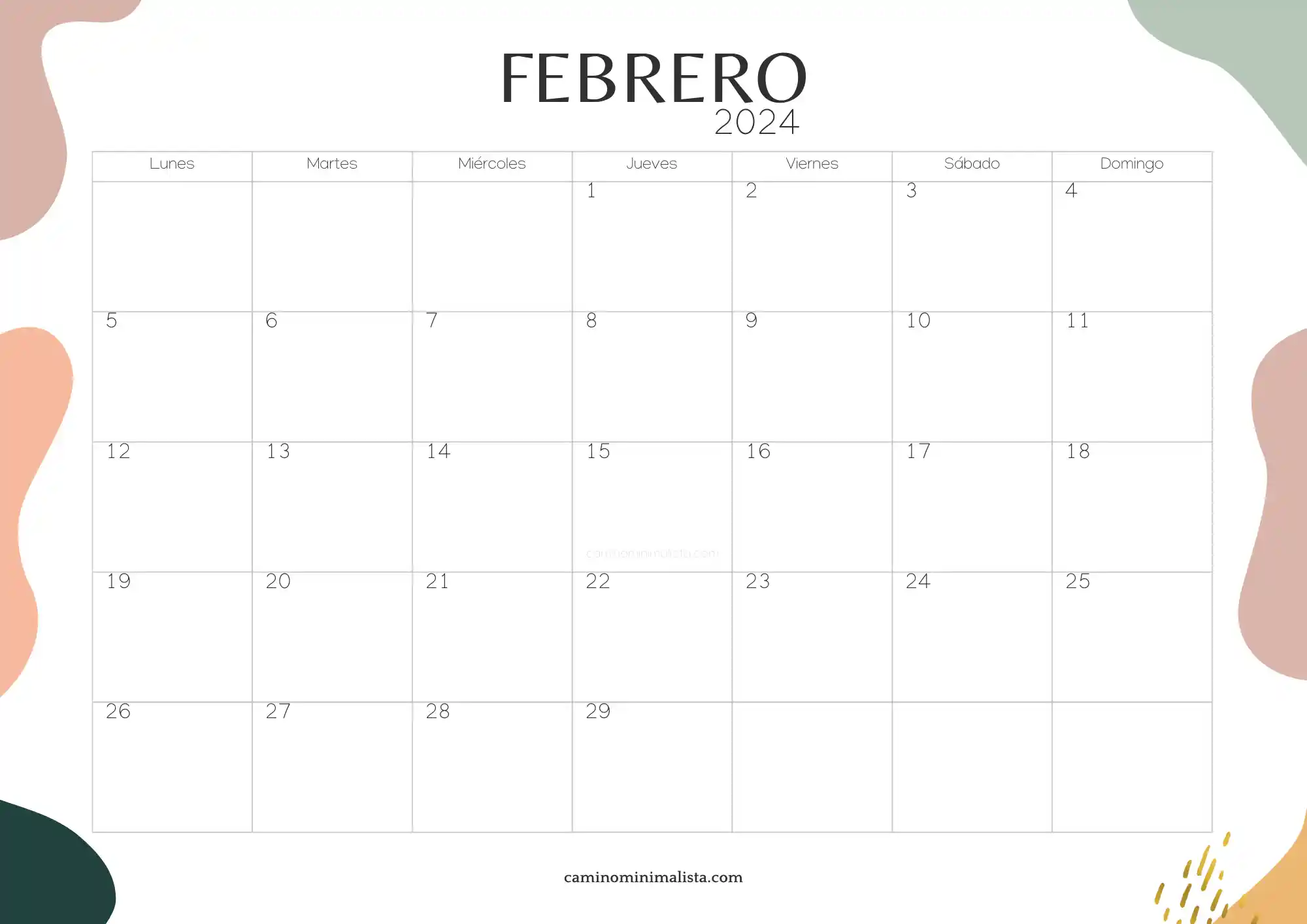 Calendario Febrero 2024 aesthetic