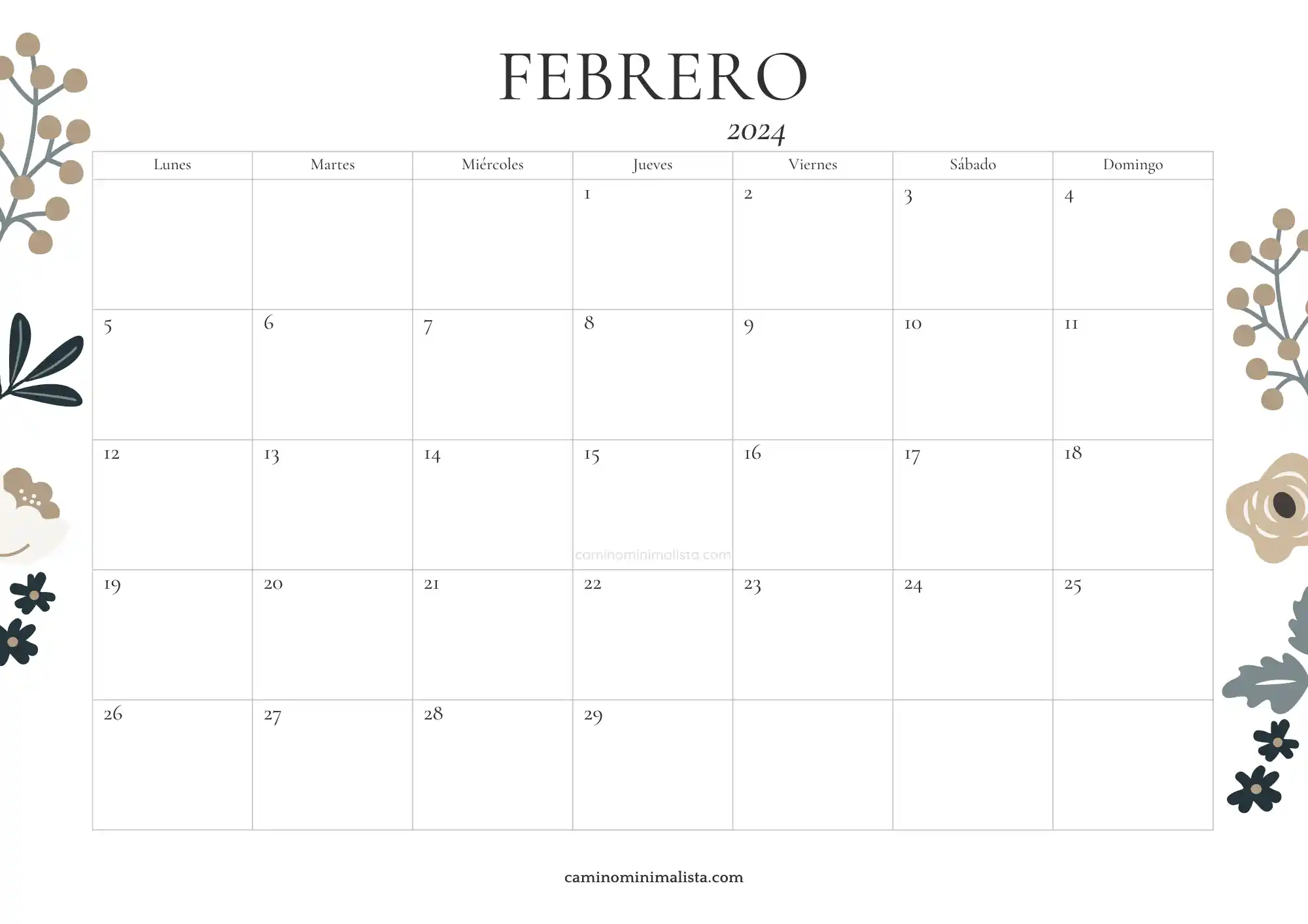 Calendario Febrero 2024 flores vintage