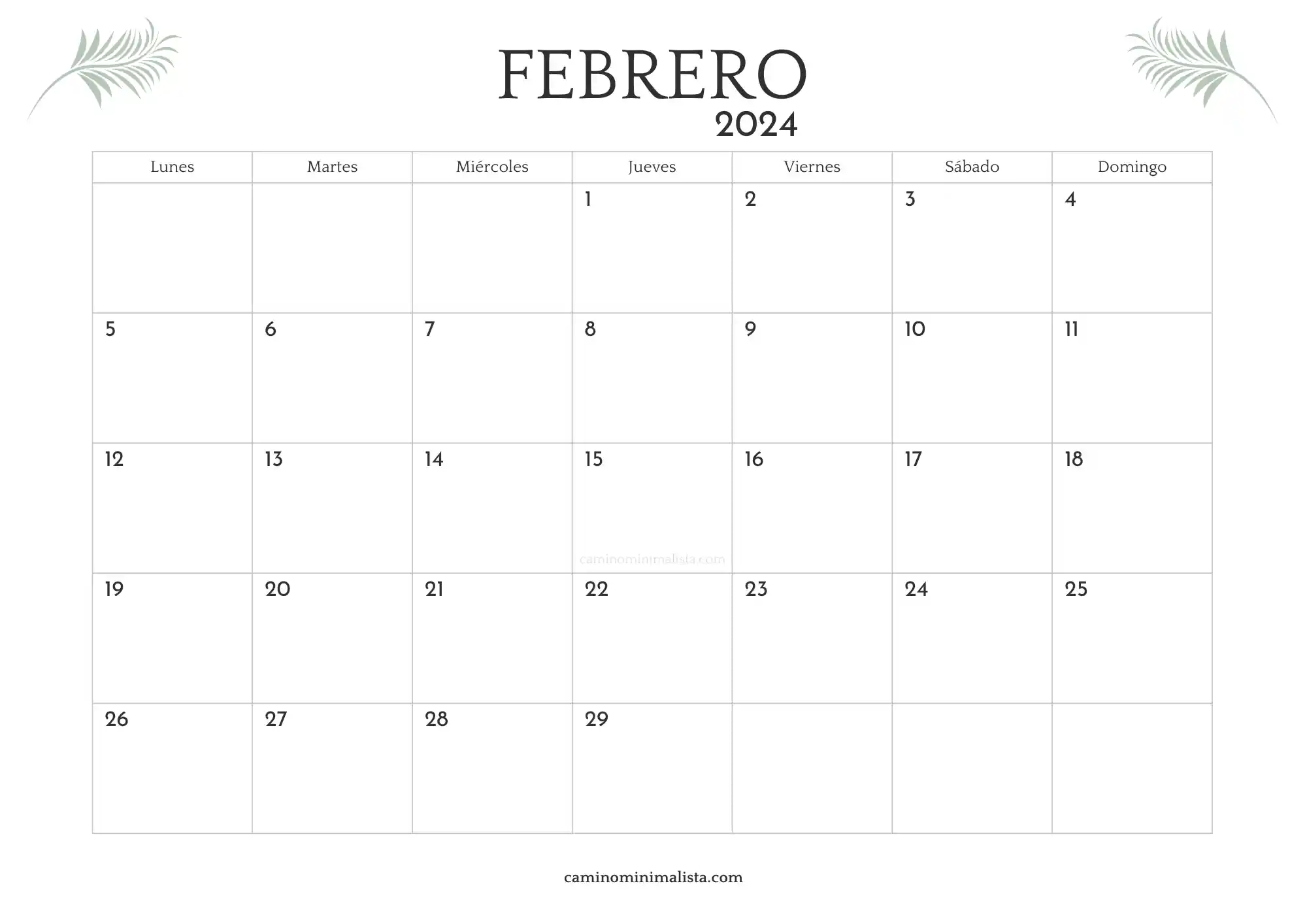 Calendario Febrero 2024 minimalista