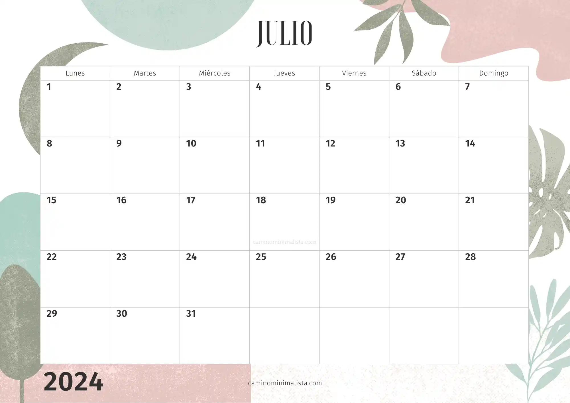 Calendario Julio 2024 decorado bonito