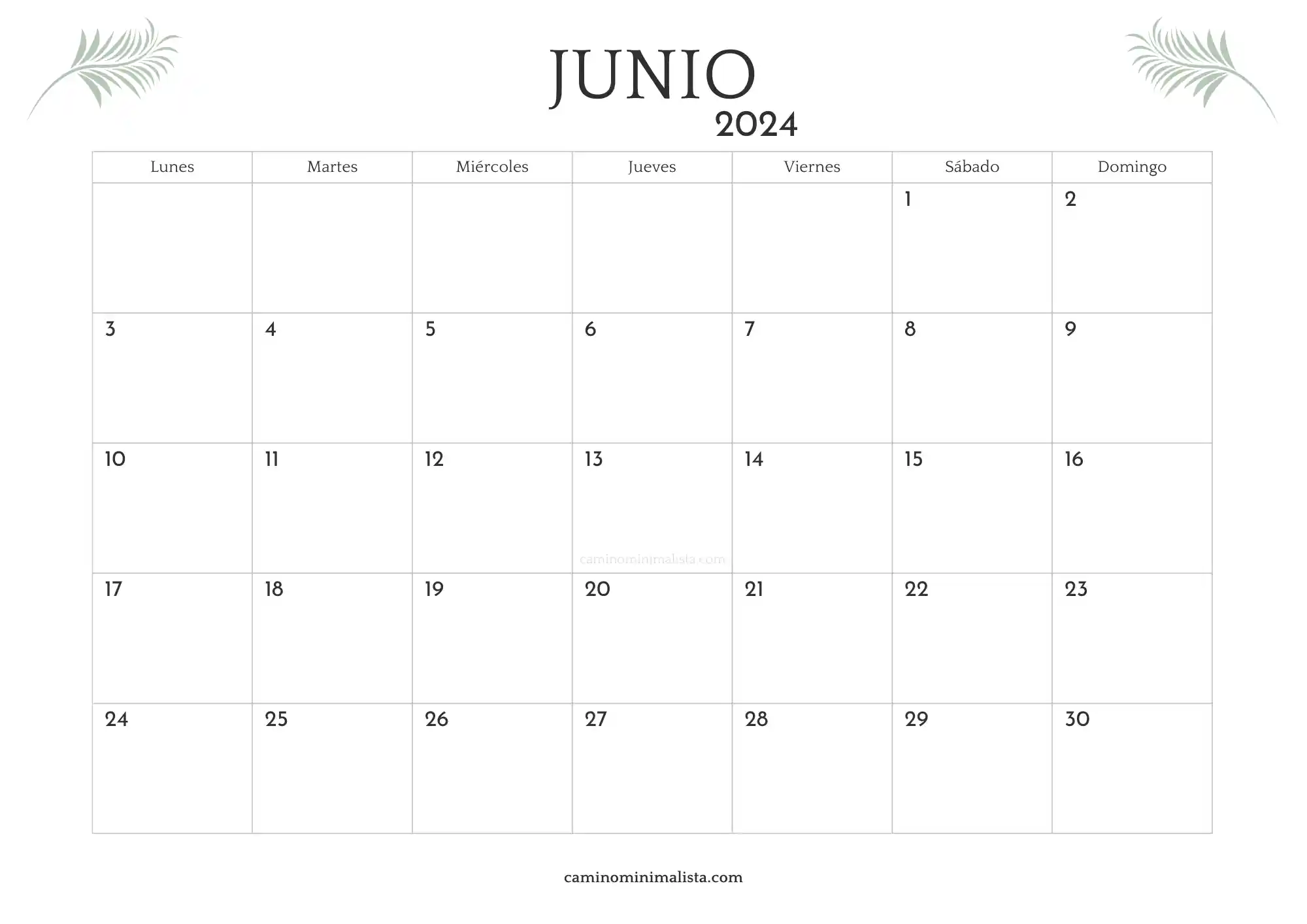 Calendario Junio 2024 minimalista