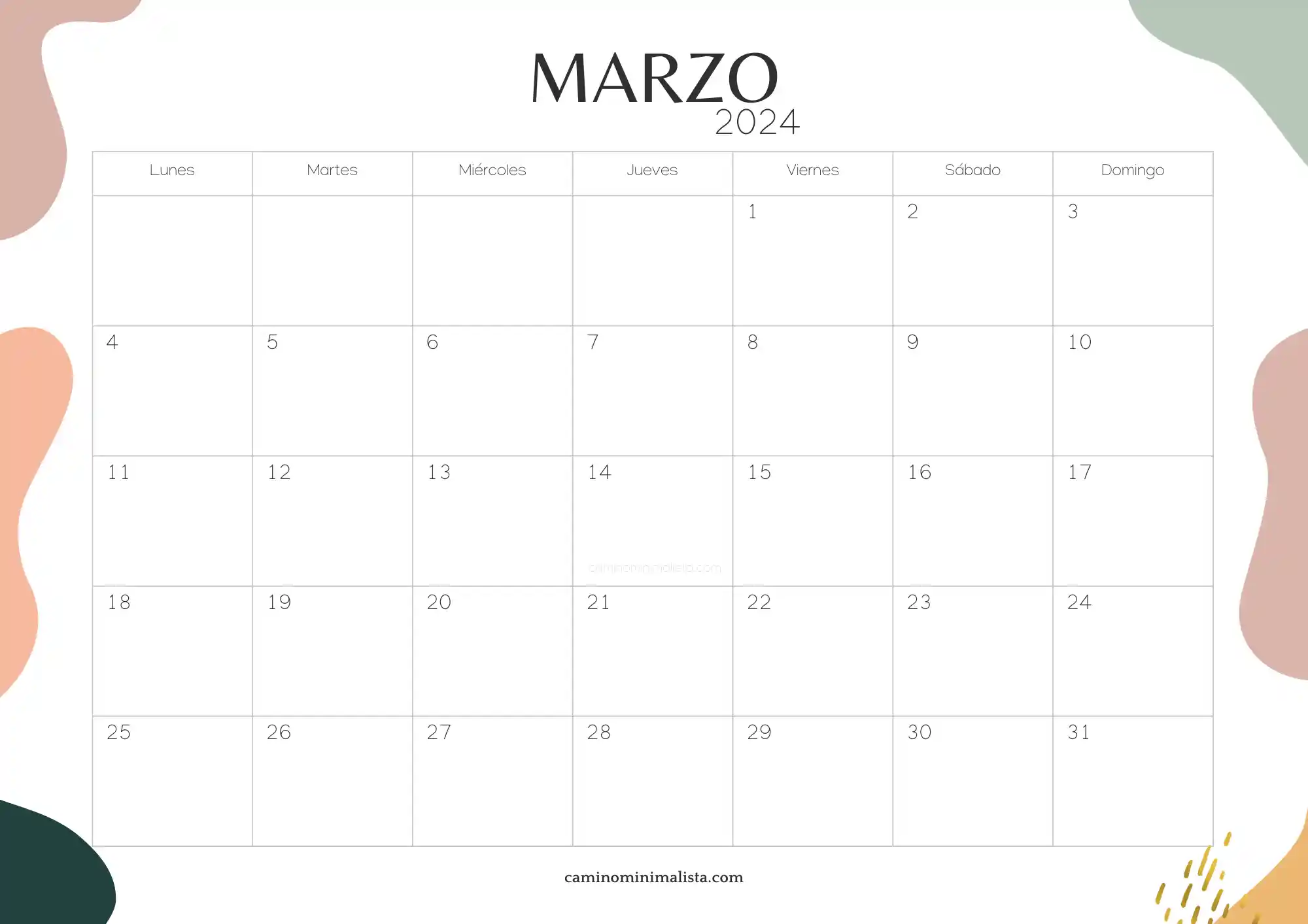 Almanaque Marzo 2024 Calendario 2024 para imprimir ❤️ Camino Minimalista