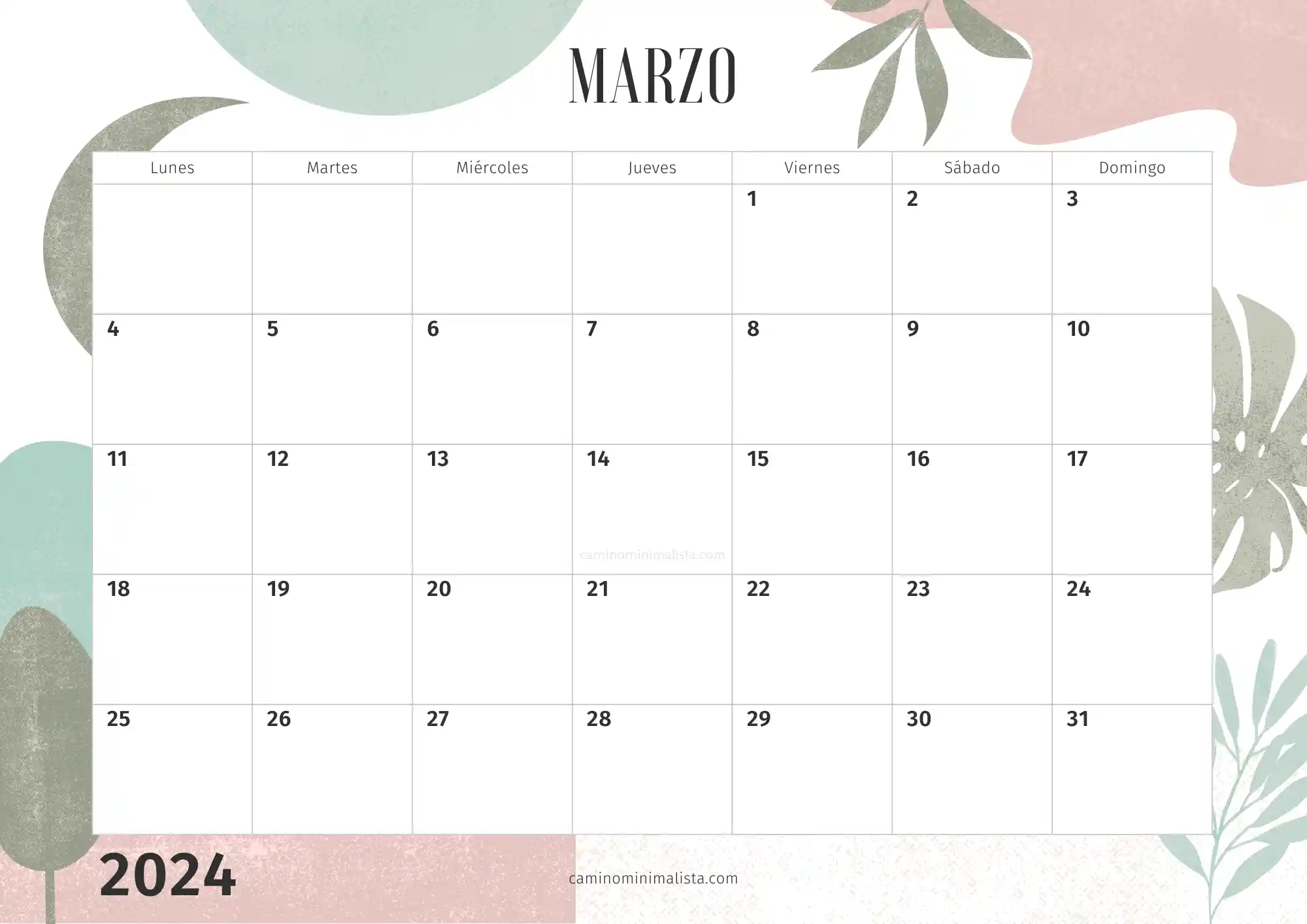 Calendario Marzo 2024 decorado bonito