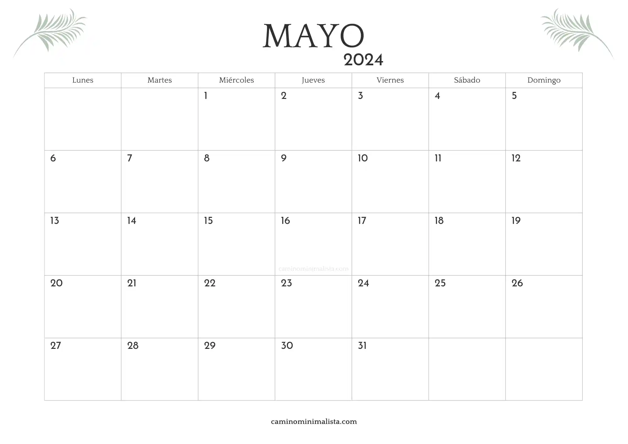 Calendario Mayo 2024 minimalista