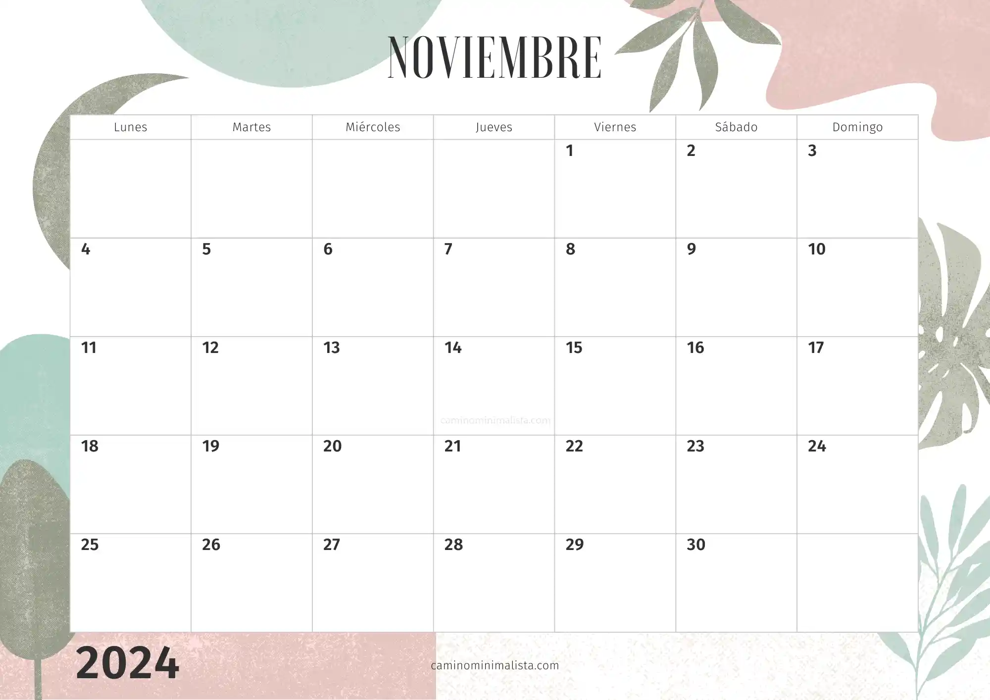 Calendario Noviembre 2024 decorado bonito