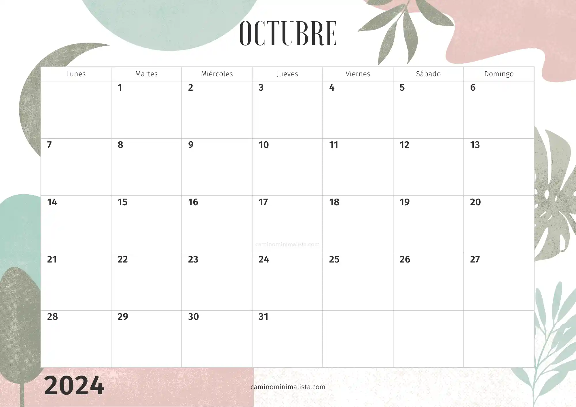 Calendario Octubre 2024 decorado bonito