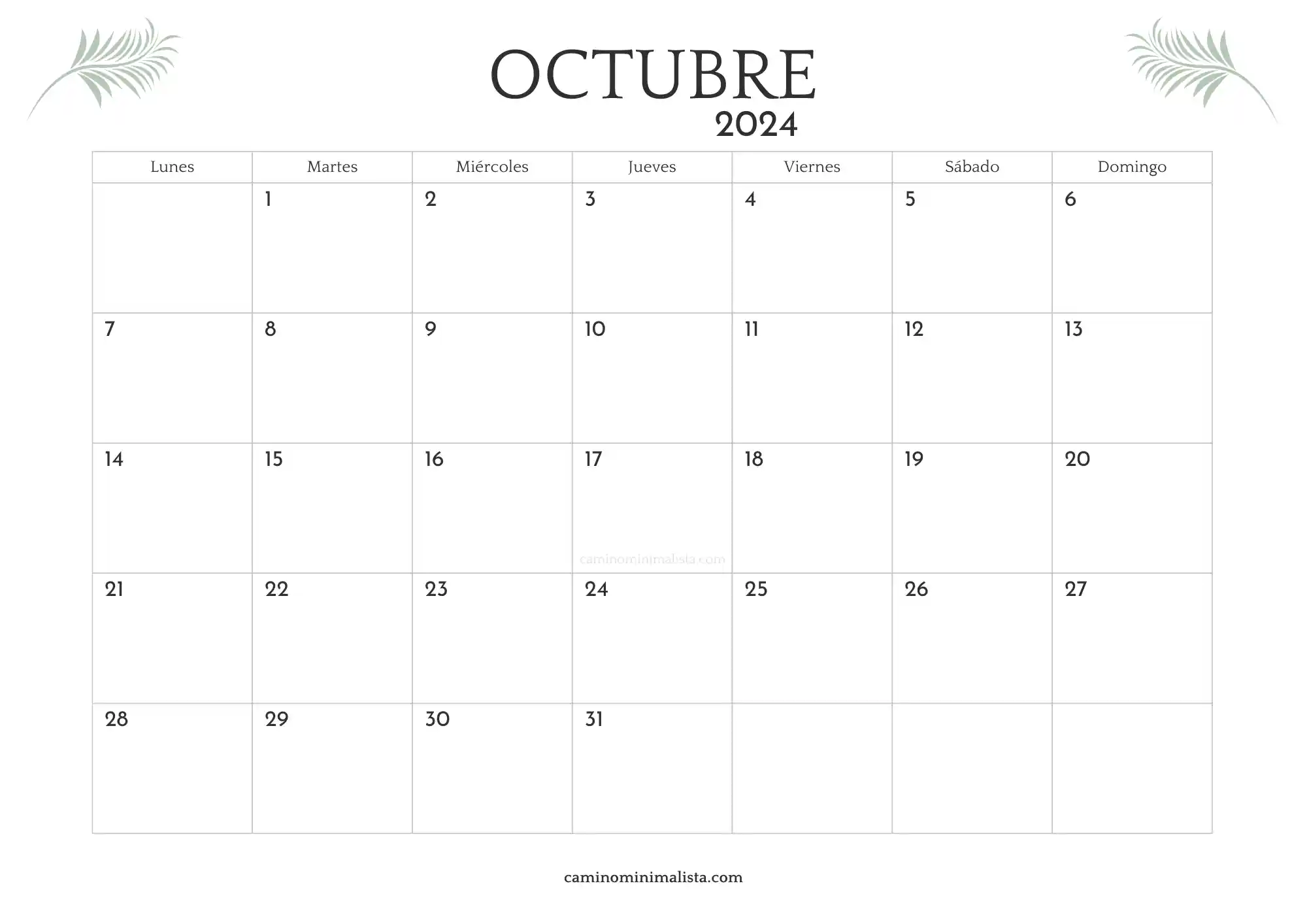 Calendario Octubre 2024 minimalista