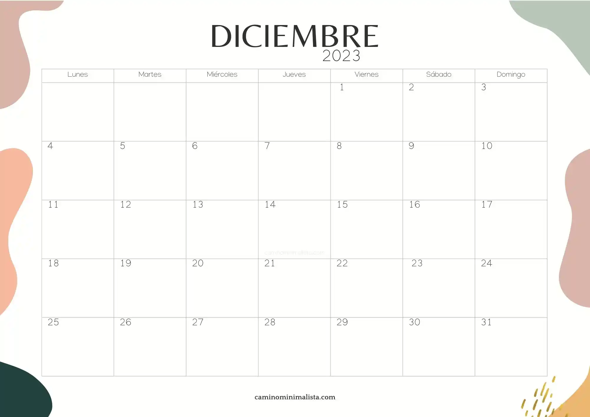 Calendario Diciembre 2023 aesthetic