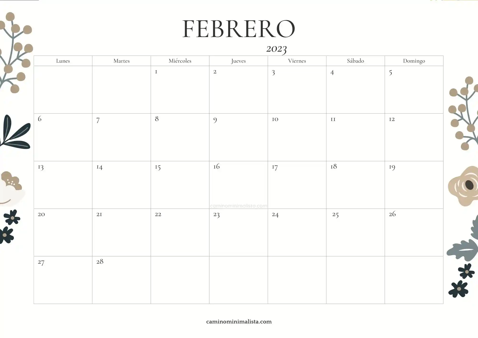 Calendario Febrero 2023 flores vintage