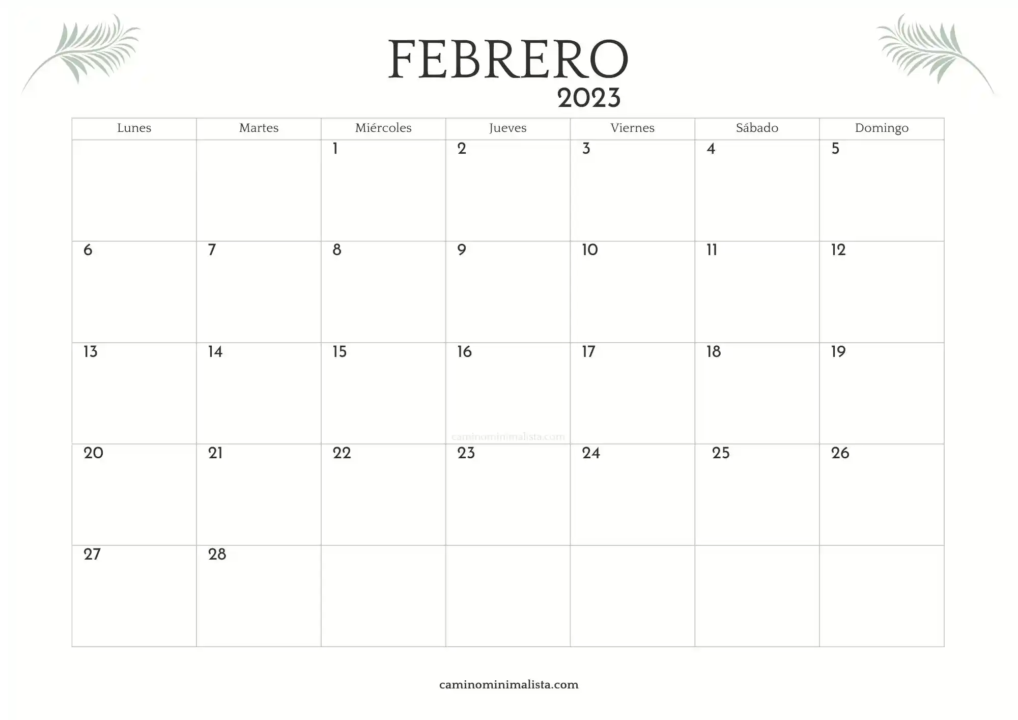 Calendario Febrero 2023 minimalista