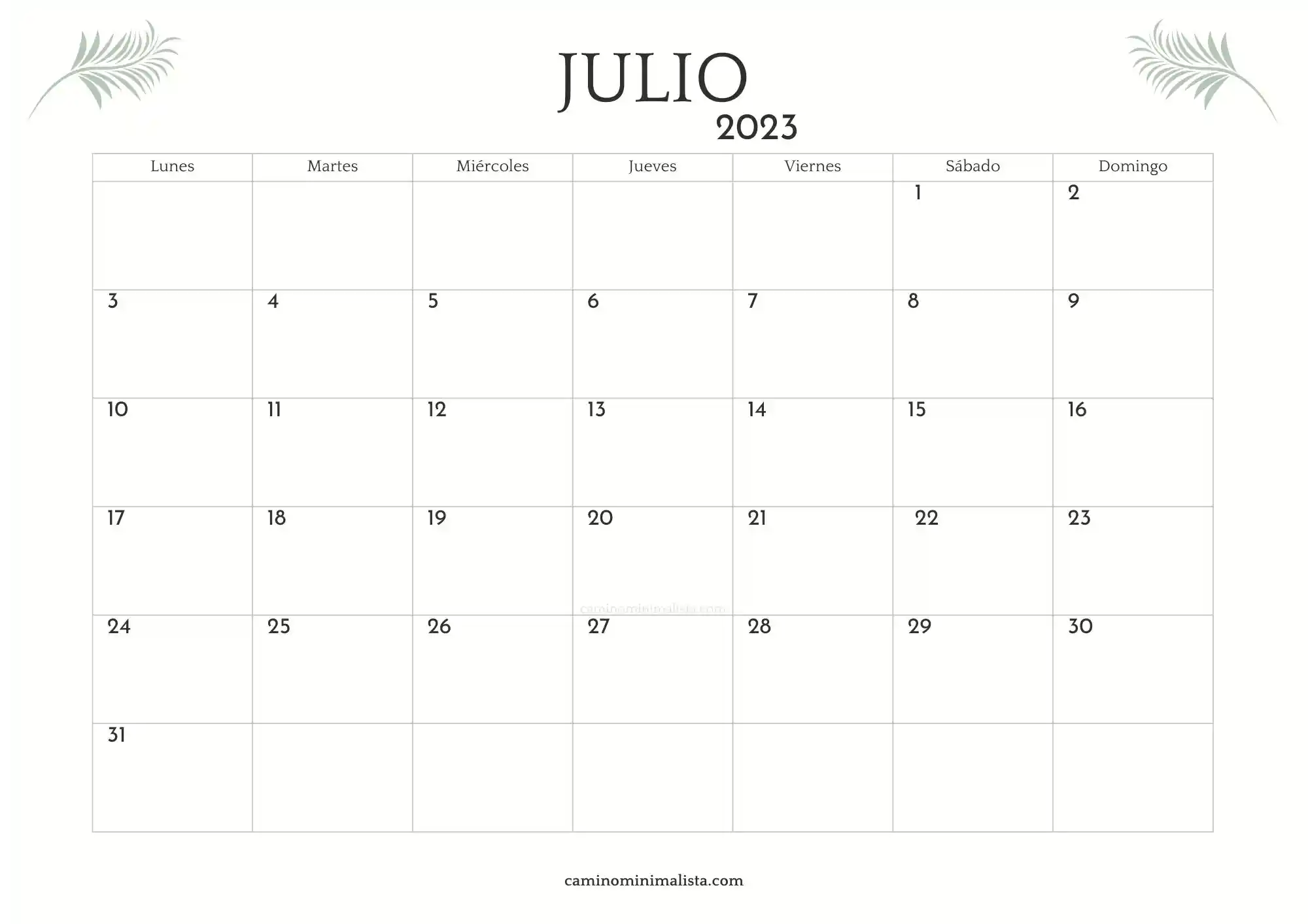 Calendario Julio 2023 minimalista