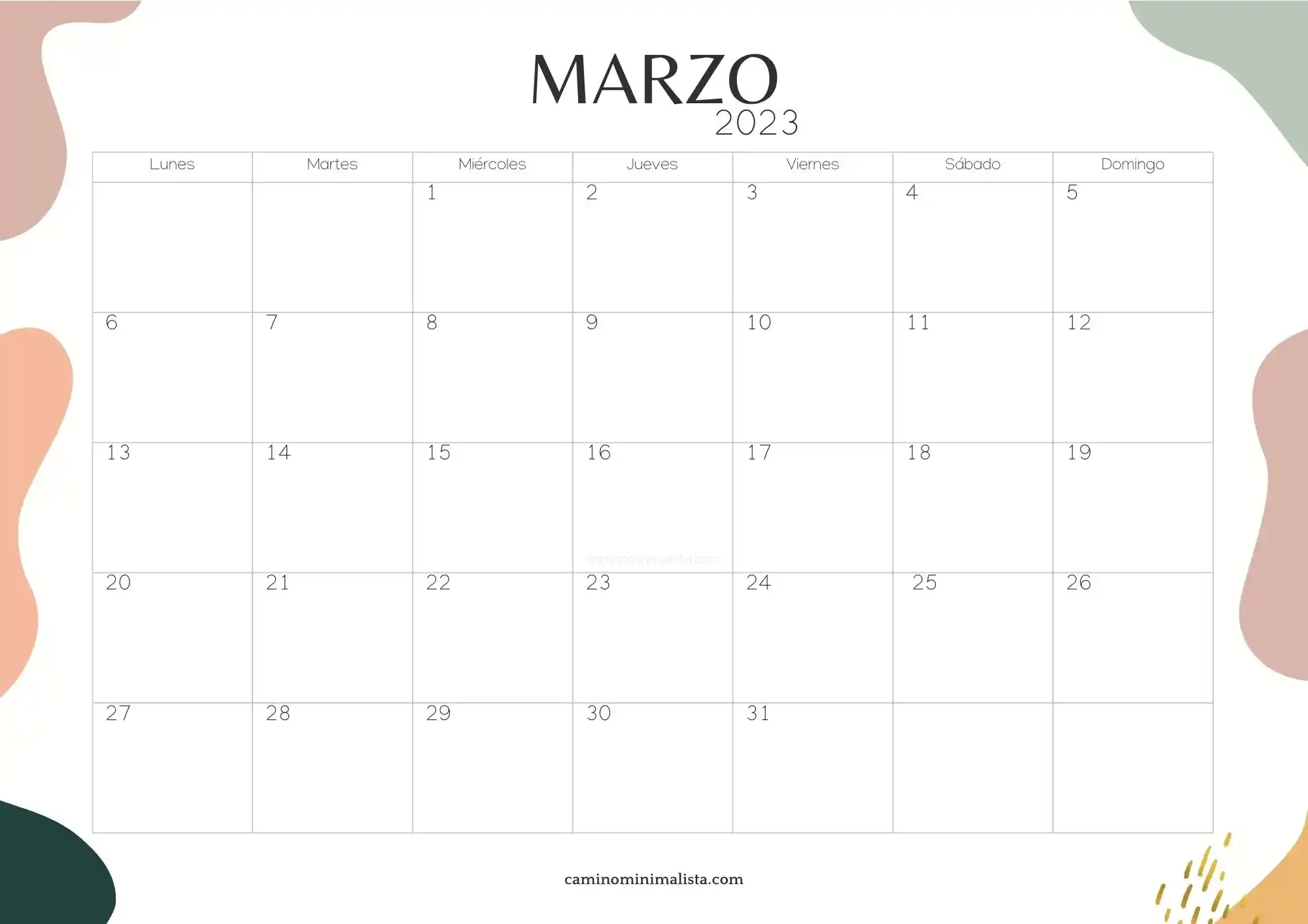 Calendario Marzo 2023 aesthetic