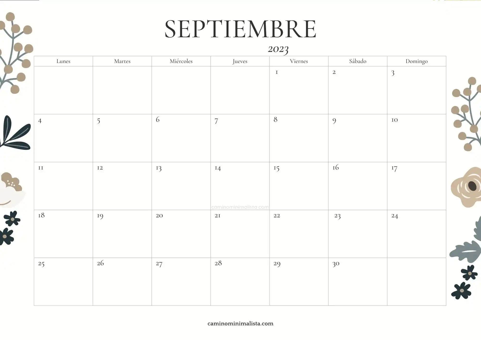 Calendario Septiembre 2023 flores vintage