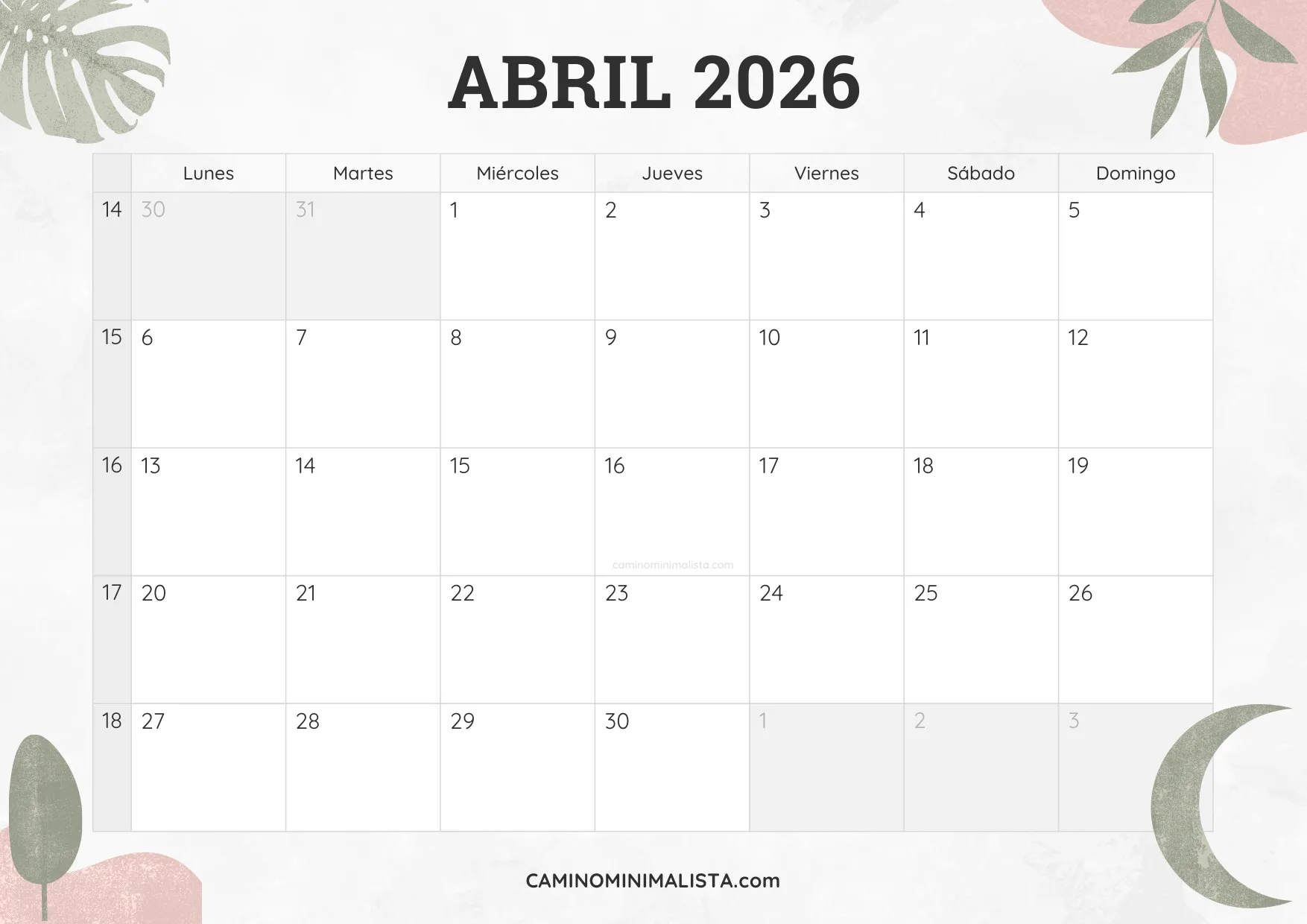 calendario abril 2026 diseño acuarela bonito