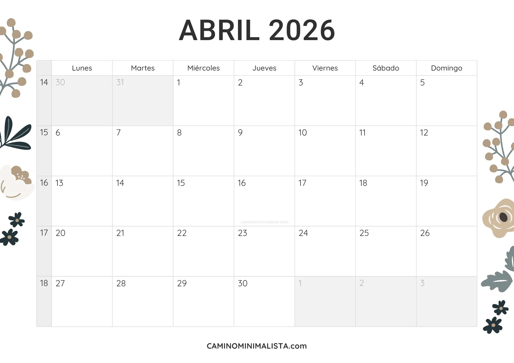calendario abril 2026 diseño vintage