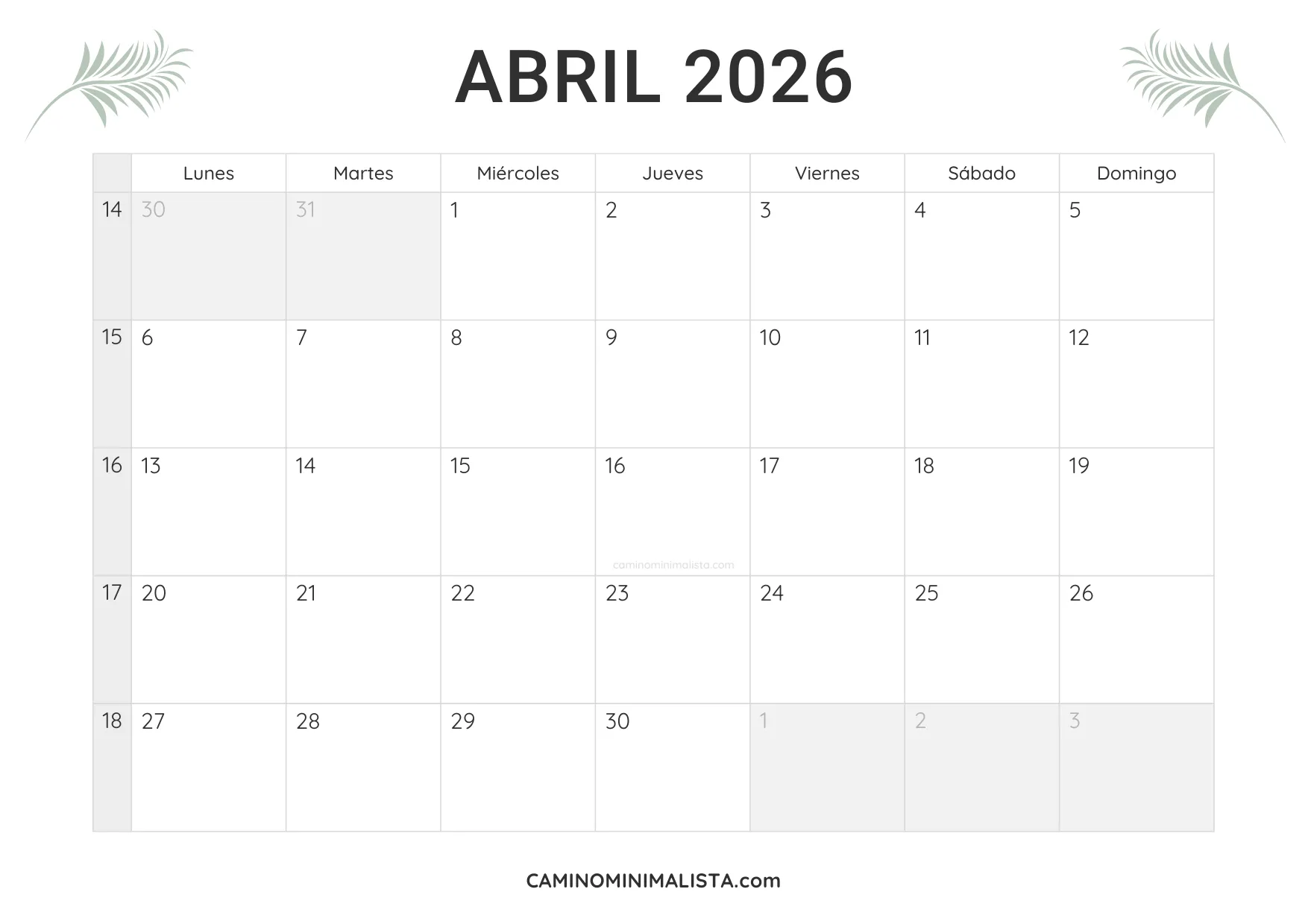 calendario abril 2026 minimalista