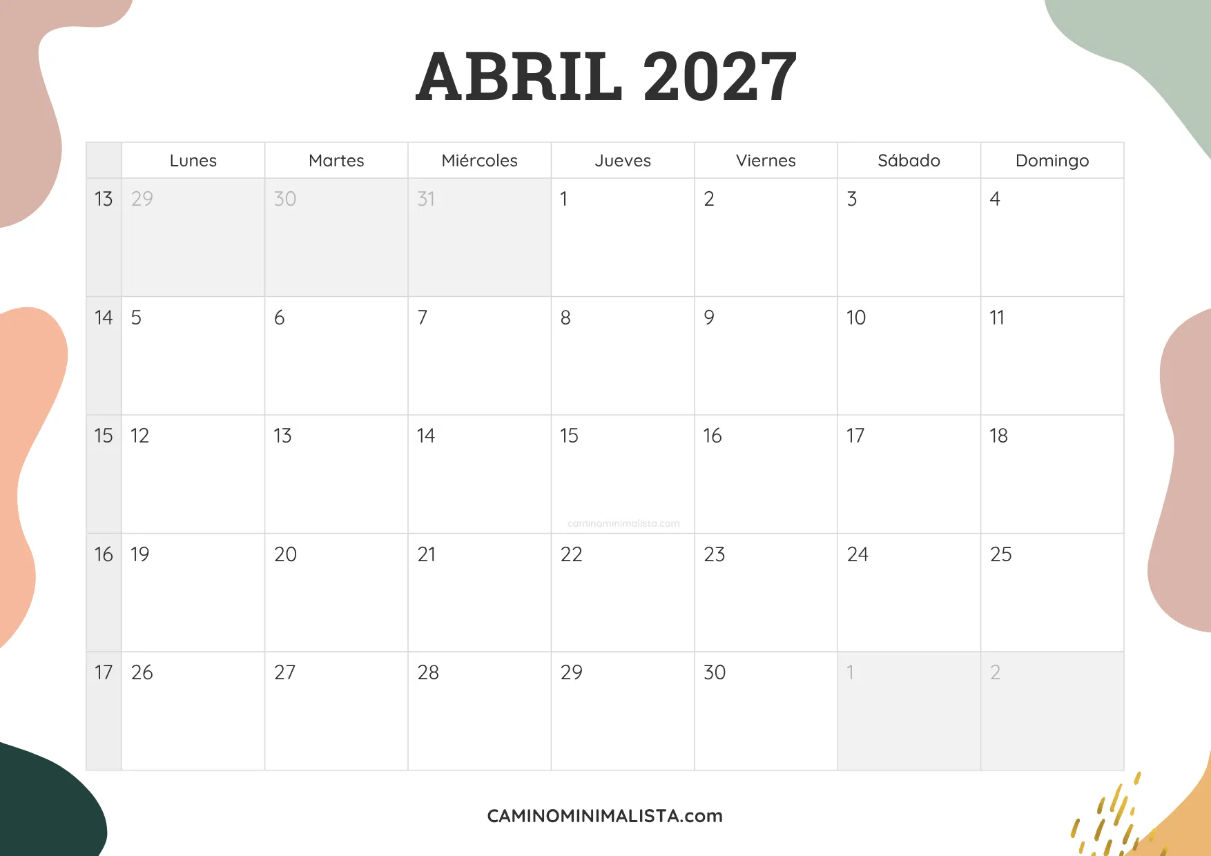 calendario abril 2027 aesthetic