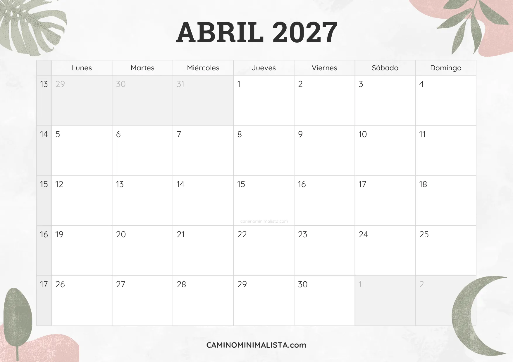 calendario abril 2027 diseño acuarela bonito
