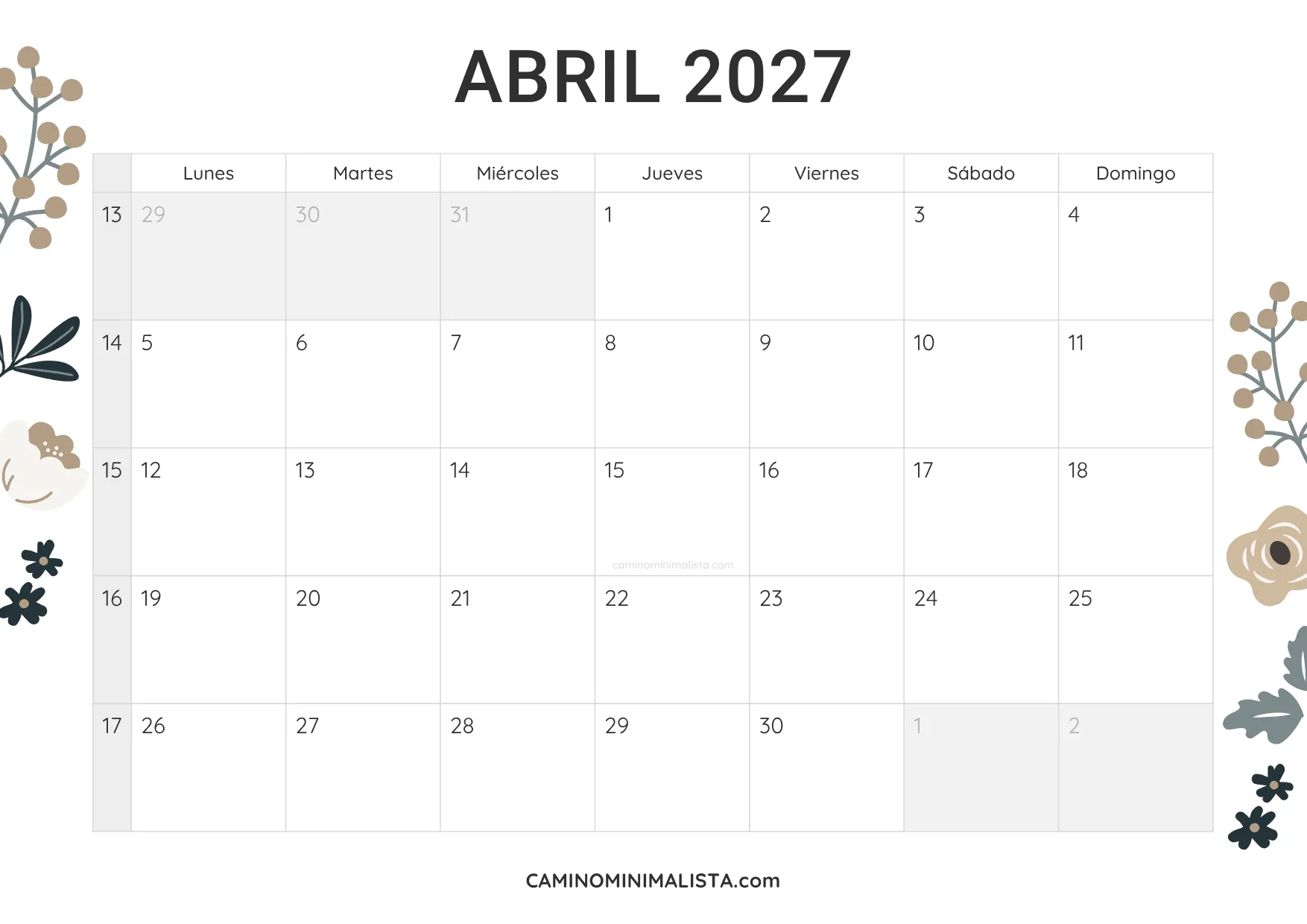 calendario abril 2027 diseño vintage