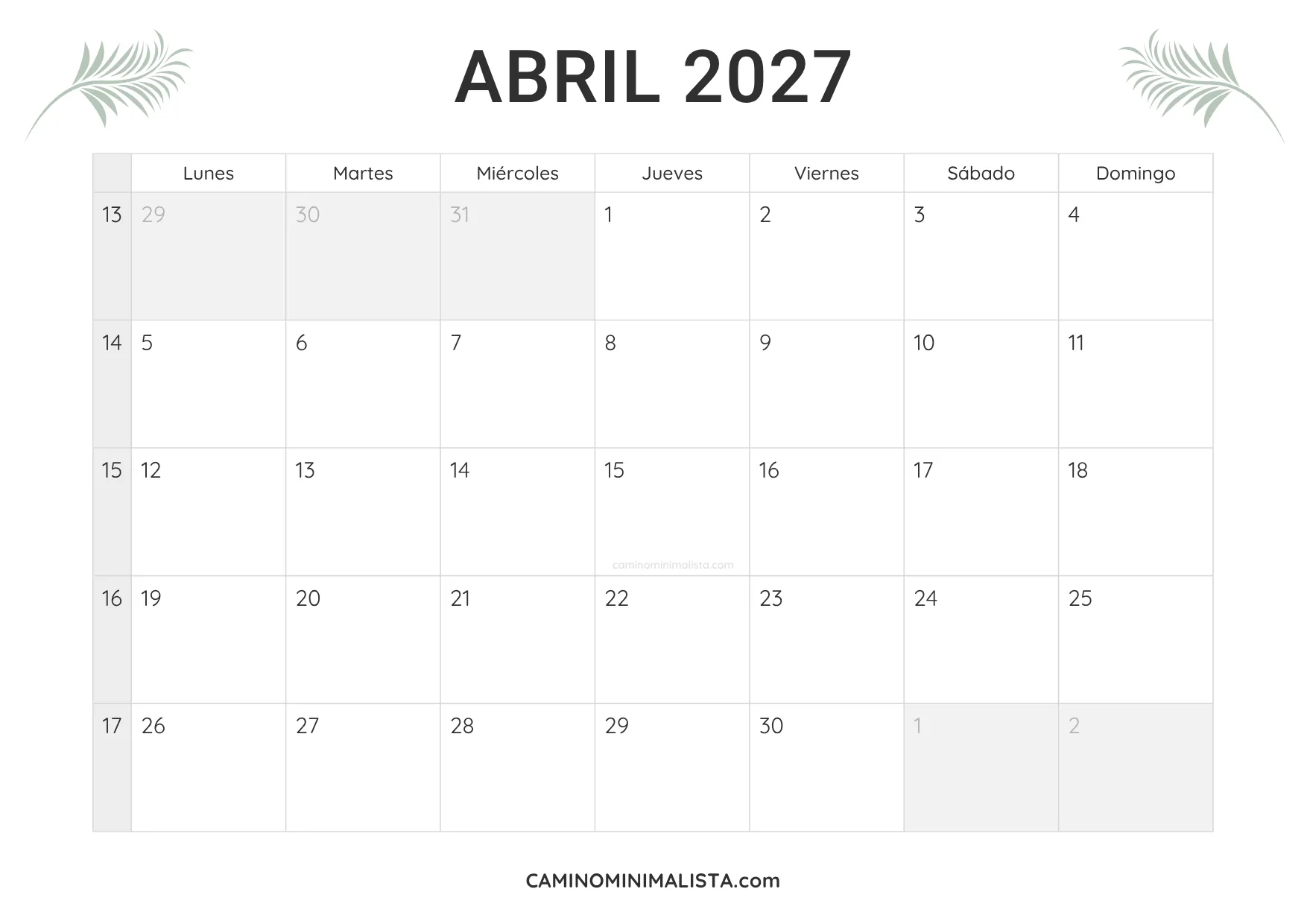 calendario abril 2027 minimalista