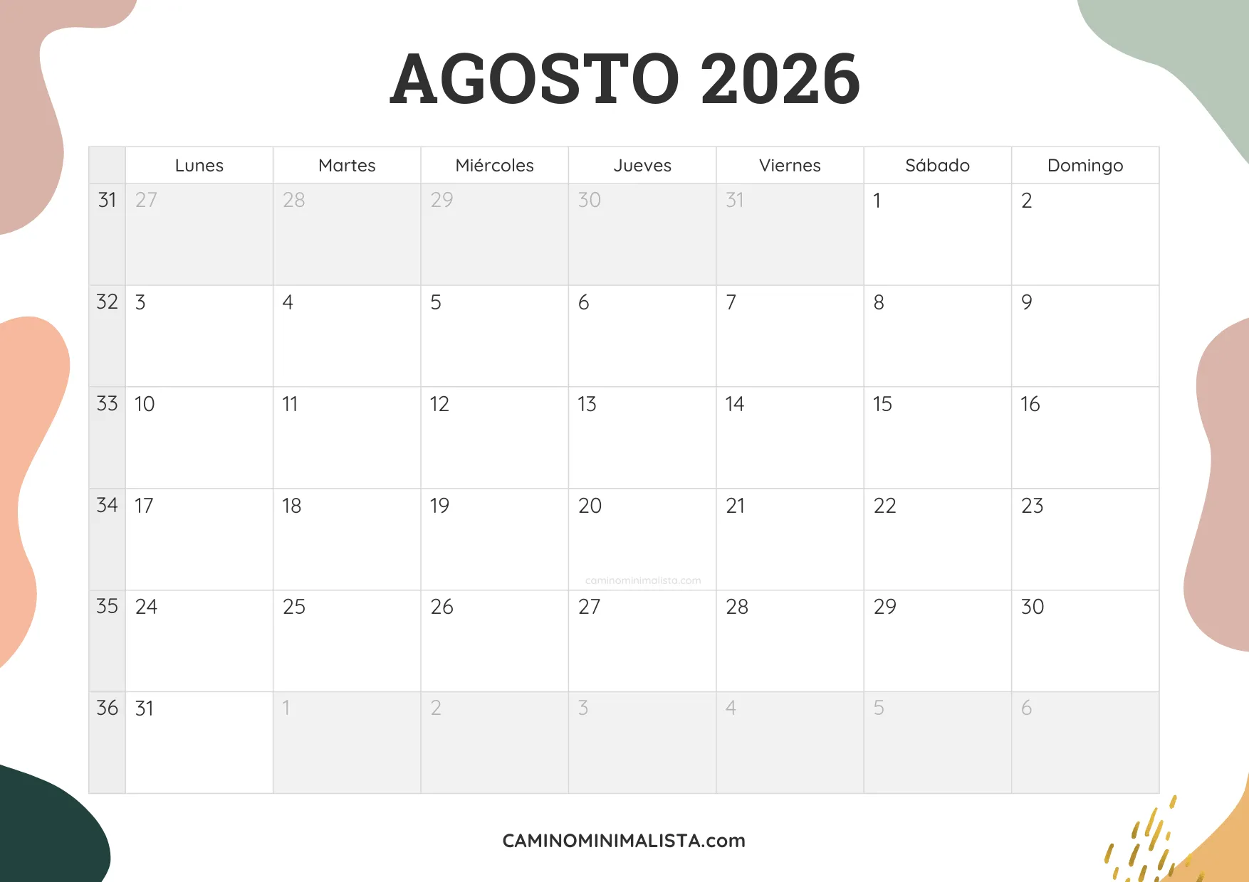 calendario agosto 2026 aesthetic