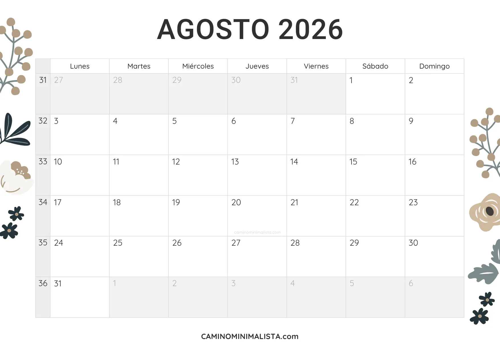 calendario agosto 2026 diseño vintage