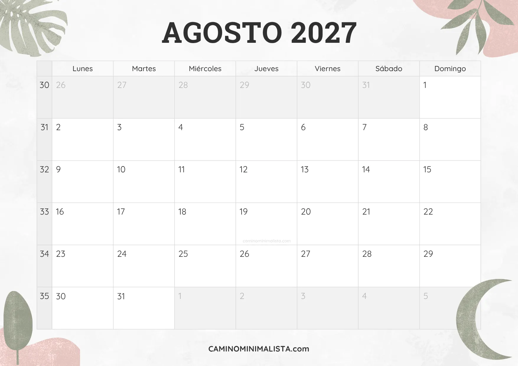 calendario agosto 2027 diseño acuarela bonito