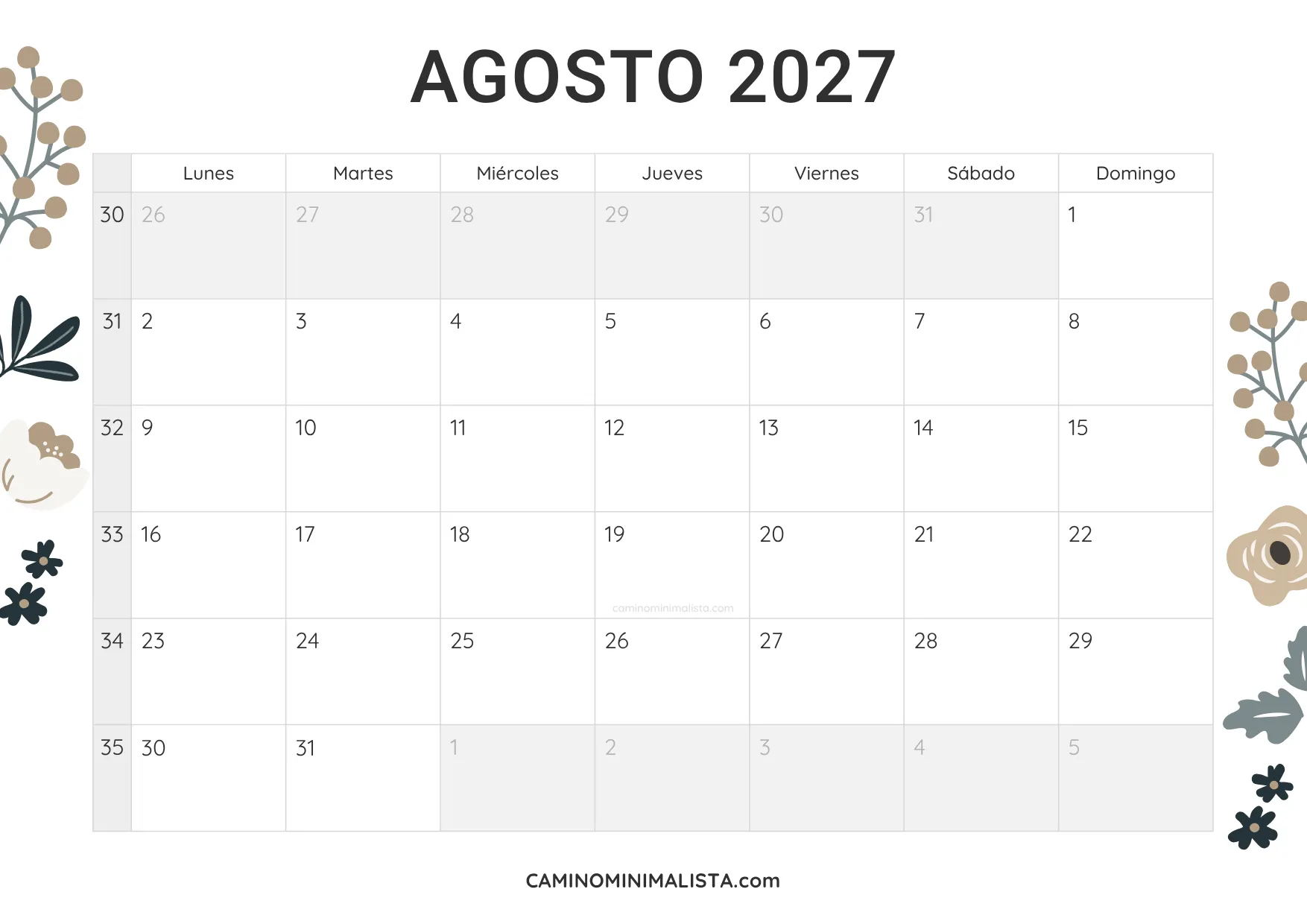 calendario agosto 2027 diseño vintage