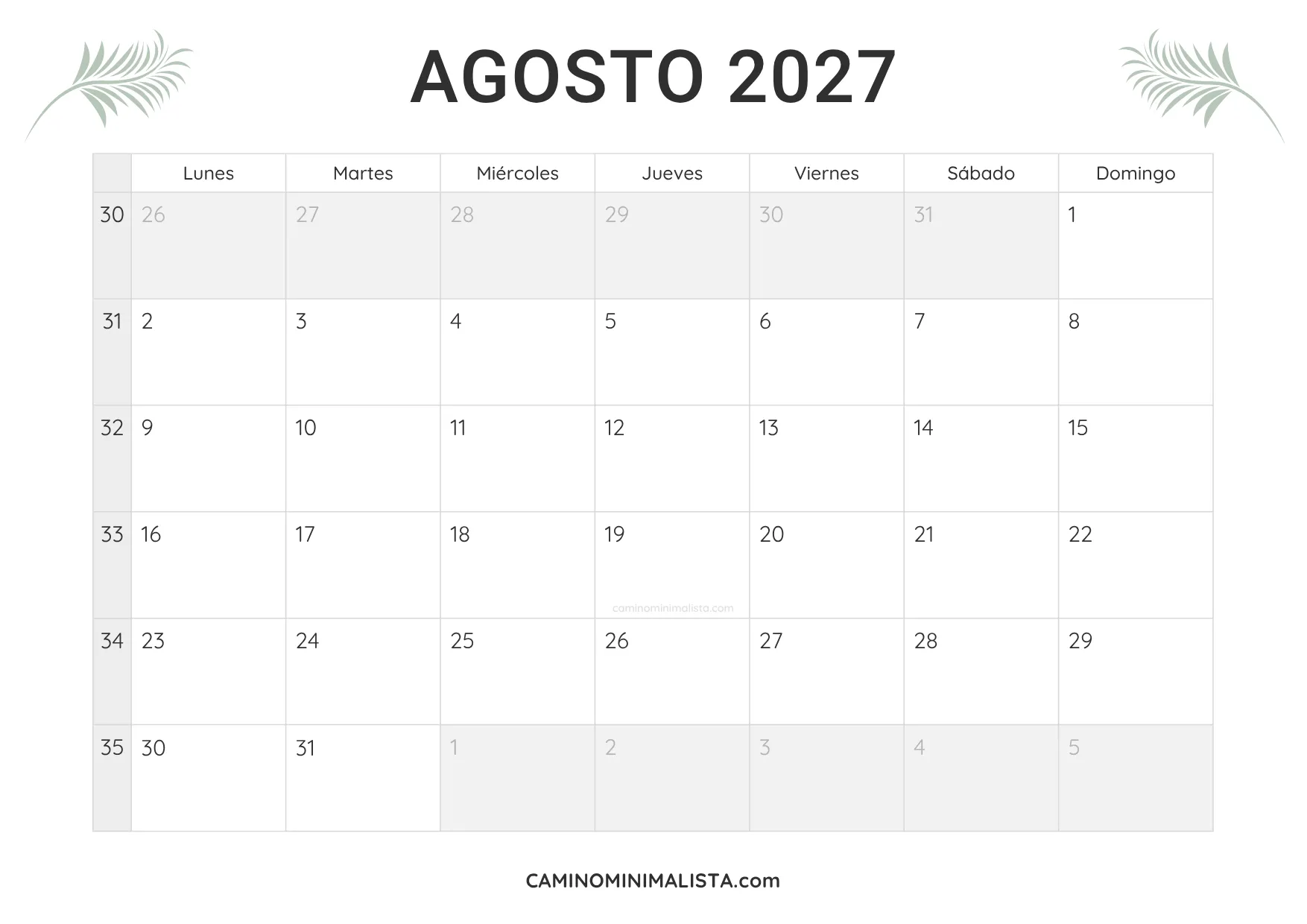 calendario agosto 2027 minimalista