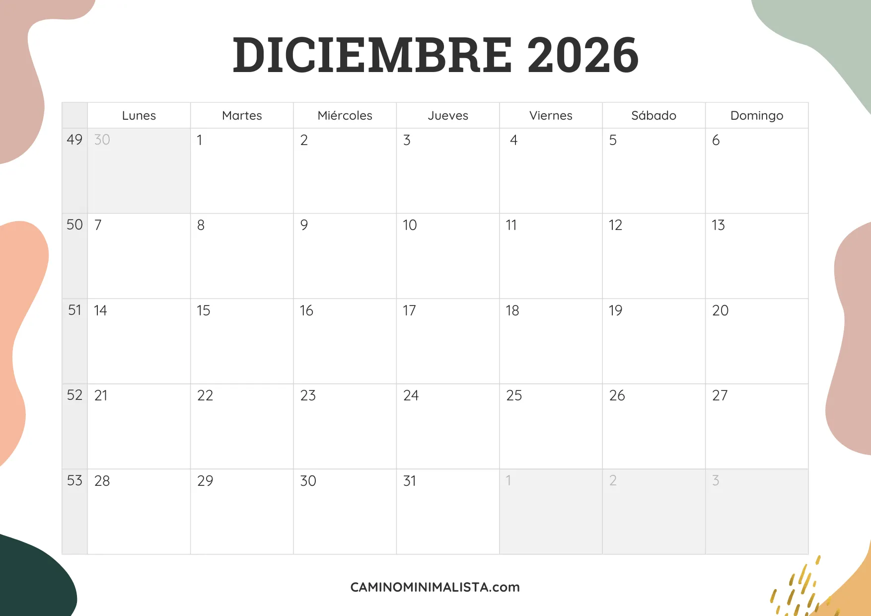 calendario diciembre 2026 aesthetic