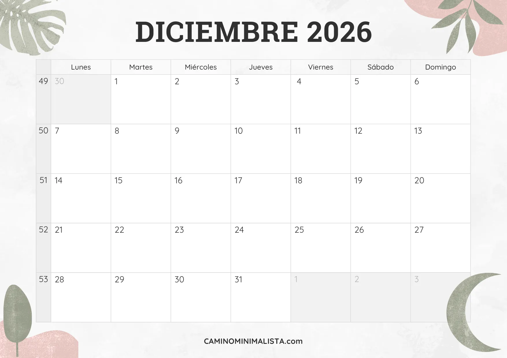 calendario diciembre 2026 diseño acuarela bonito