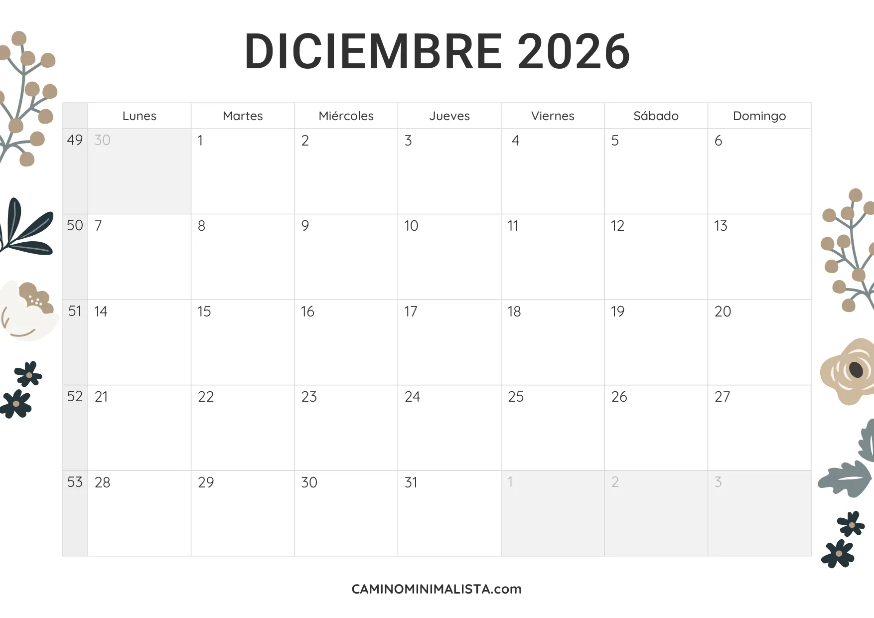 calendario diciembre 2026 diseño vintage