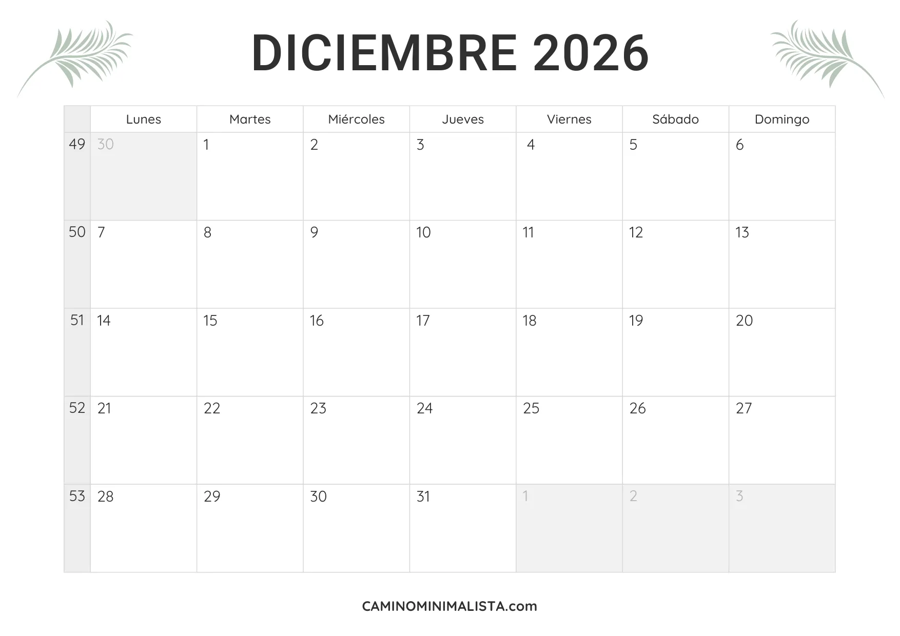calendario diciembre 2026 minimalista