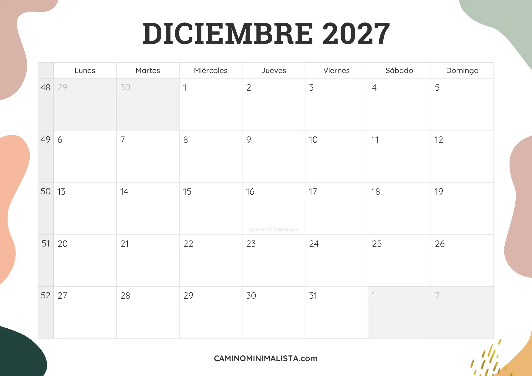 calendario diciembre 2027 aesthetic