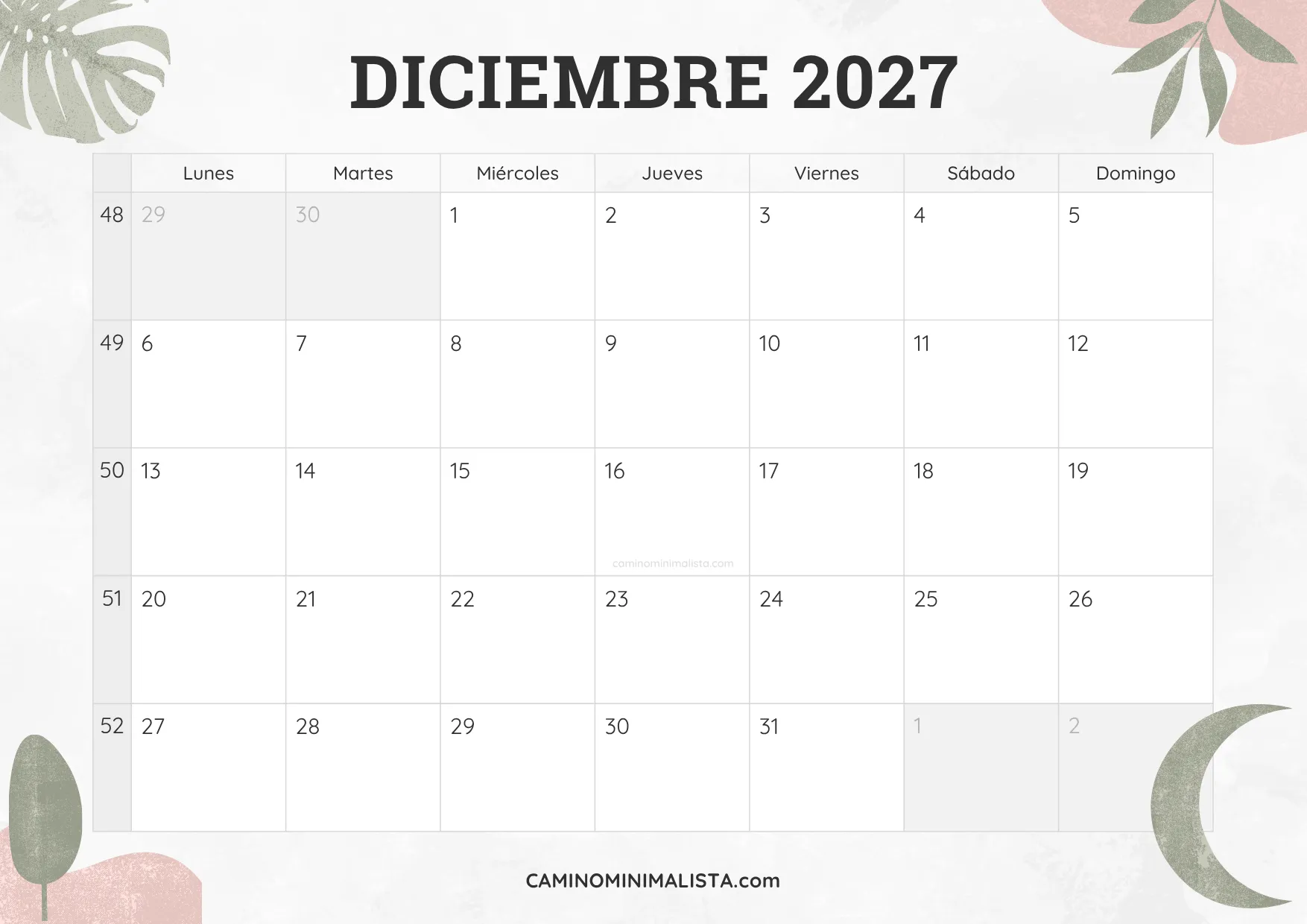 calendario diciembre 2027 diseño acuarela bonito