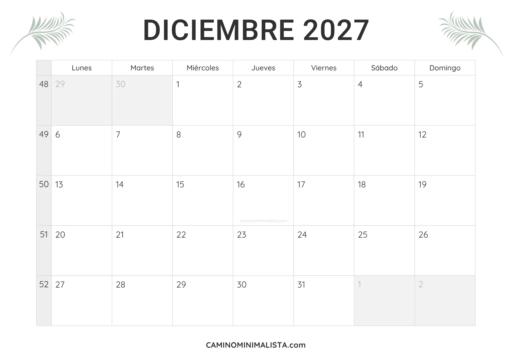 calendario diciembre 2027 minimalista