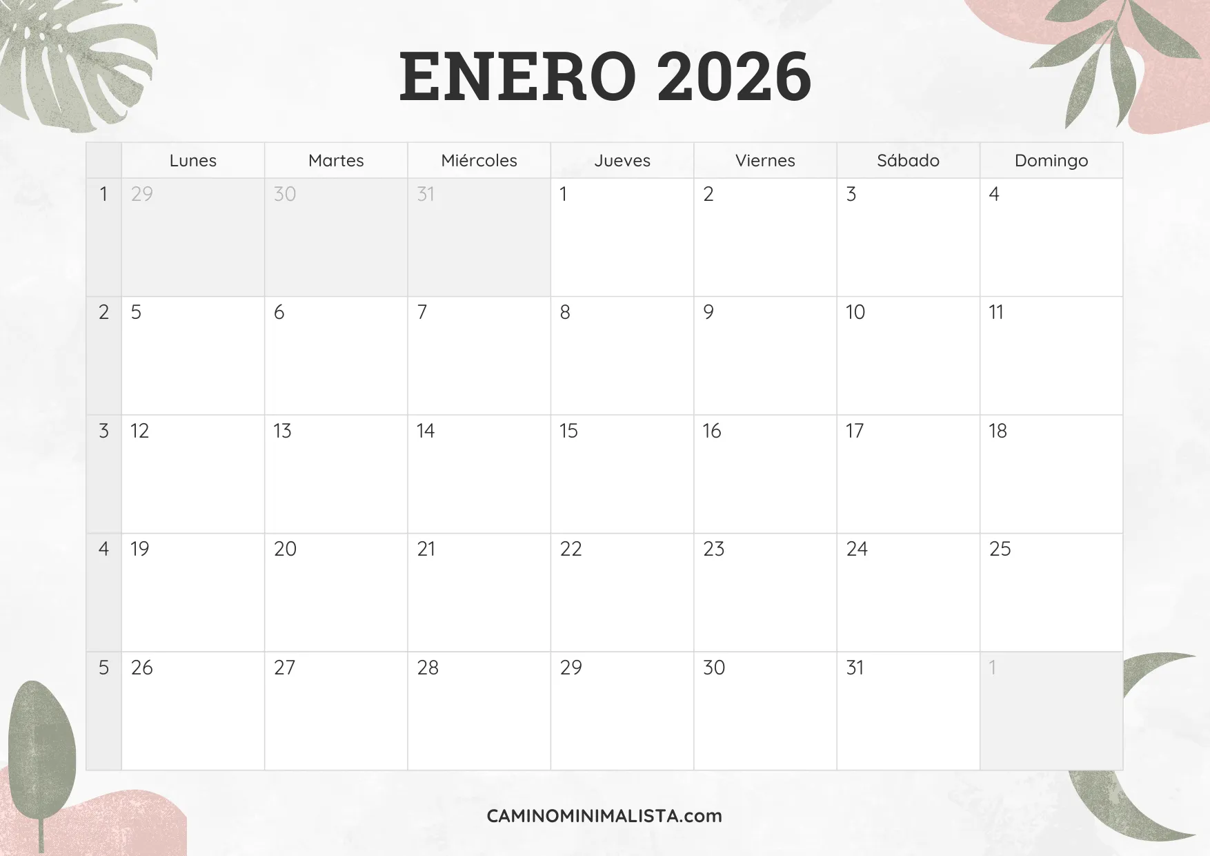 calendario enero 2026 diseño acuarela bonito