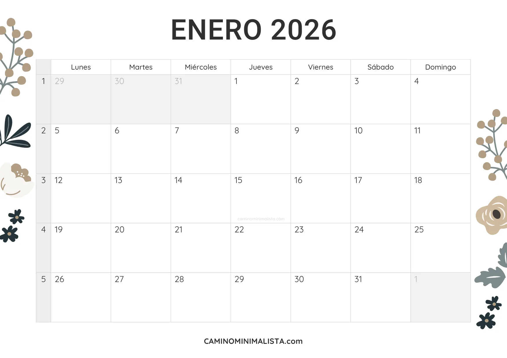 calendario enero 2026 diseño vintage