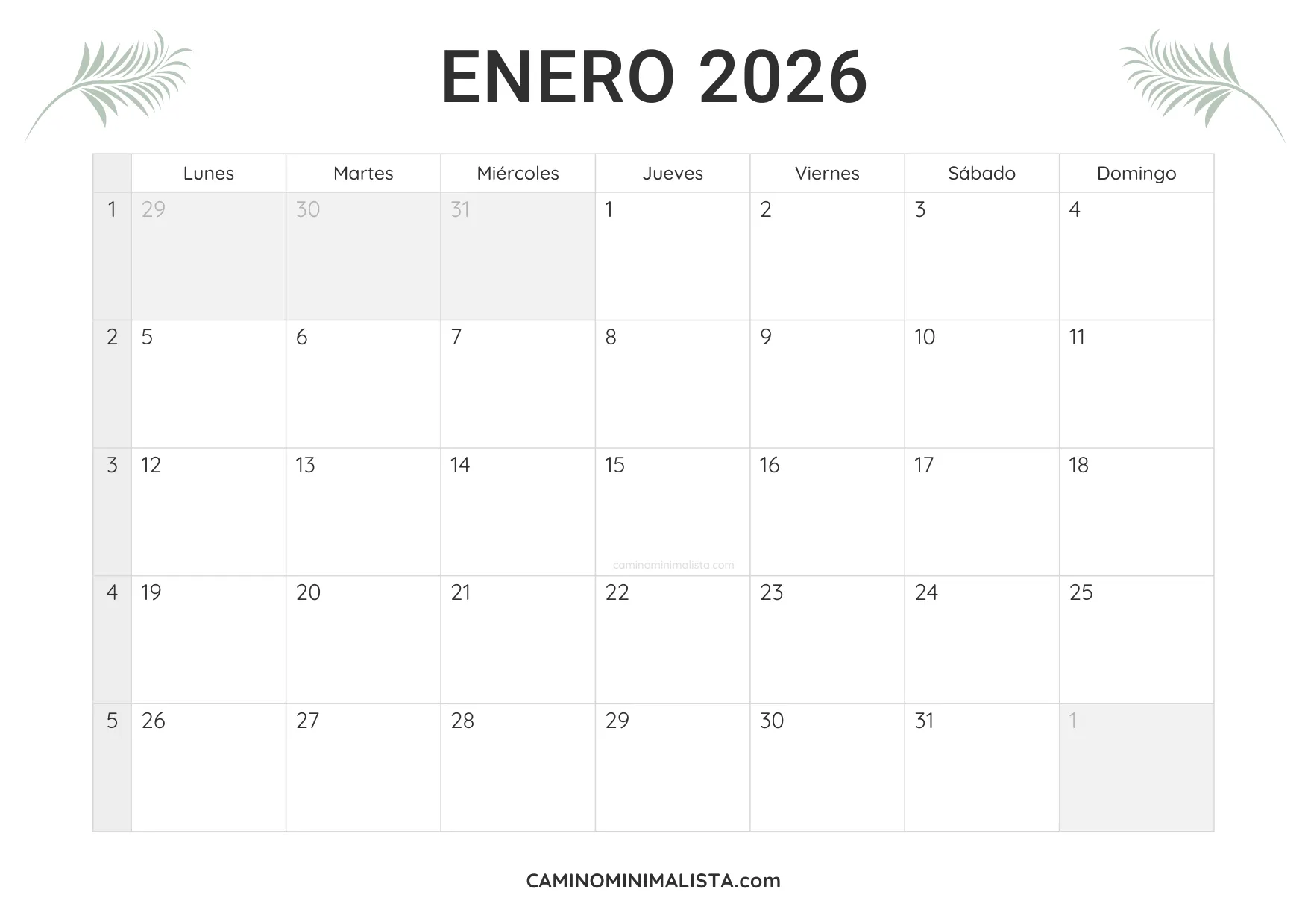 calendario enero 2026 minimalista