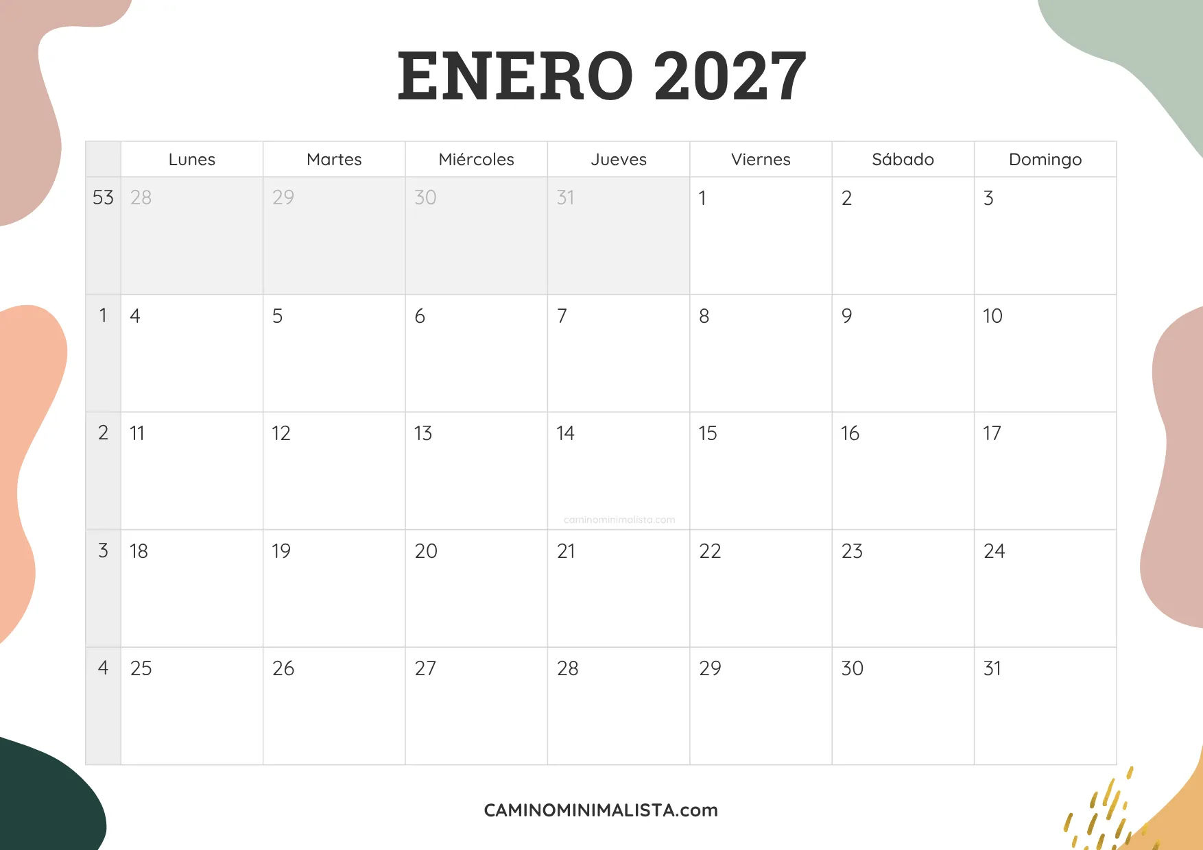 calendario enero 2027 aesthetic