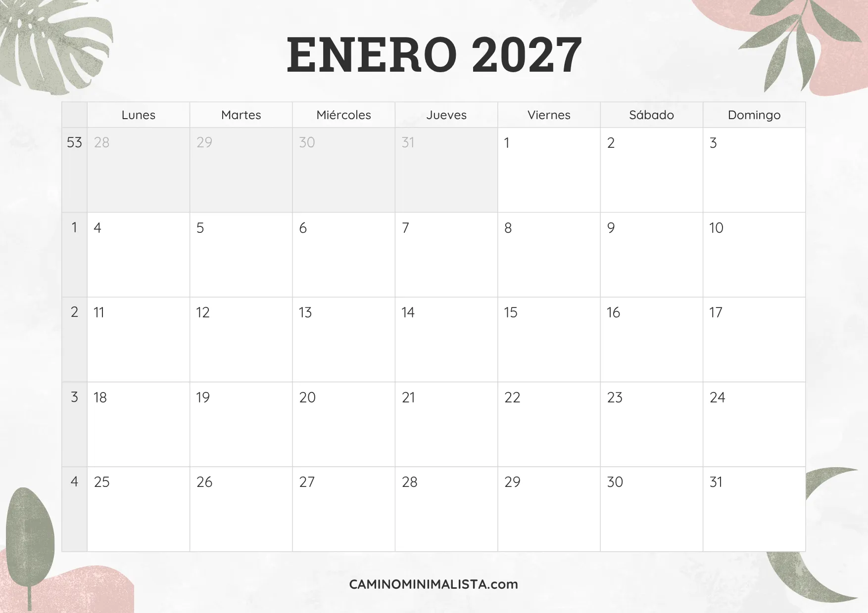 calendario enero 2027 diseño acuarela bonito