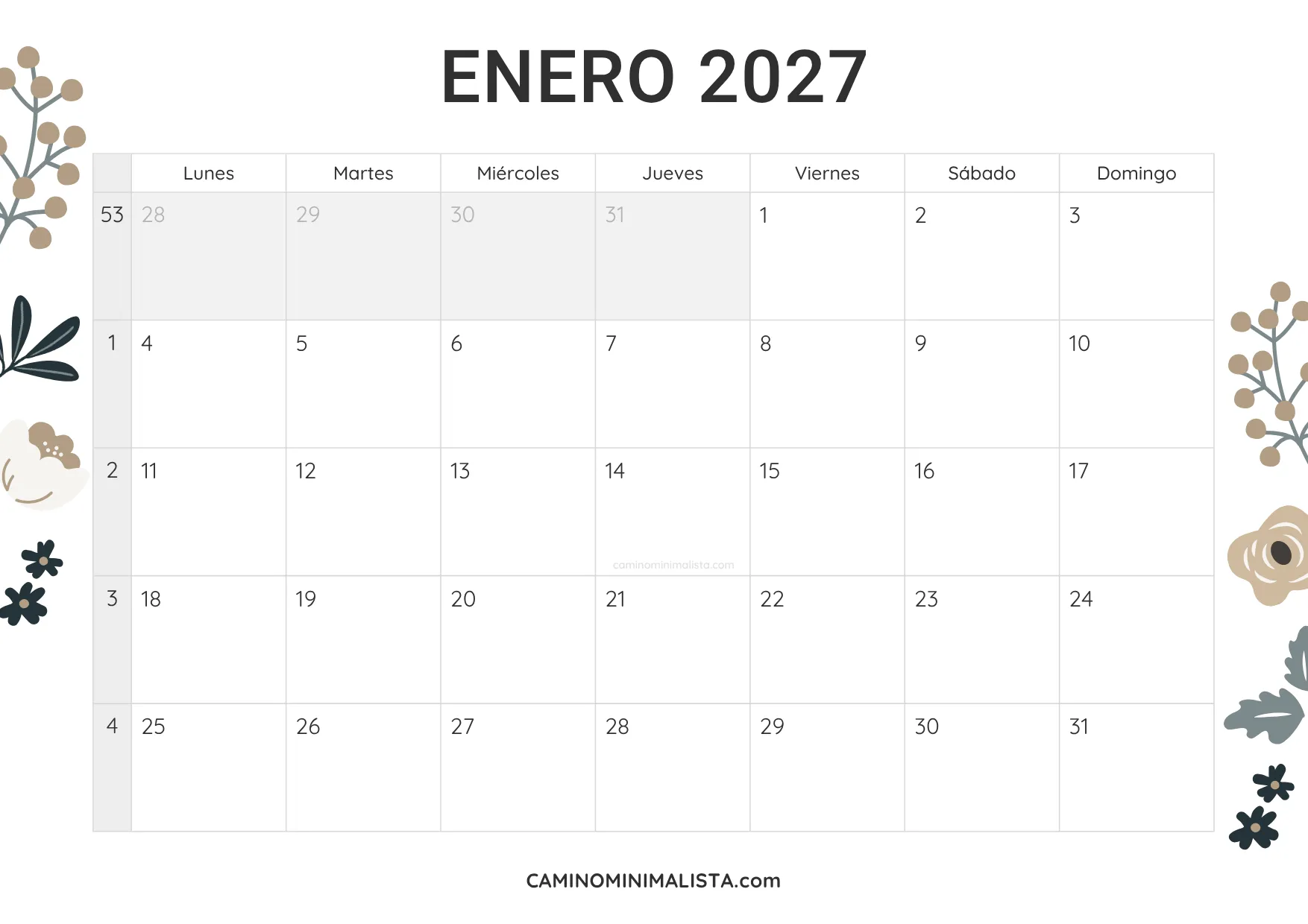 calendario enero 2027 diseño vintage