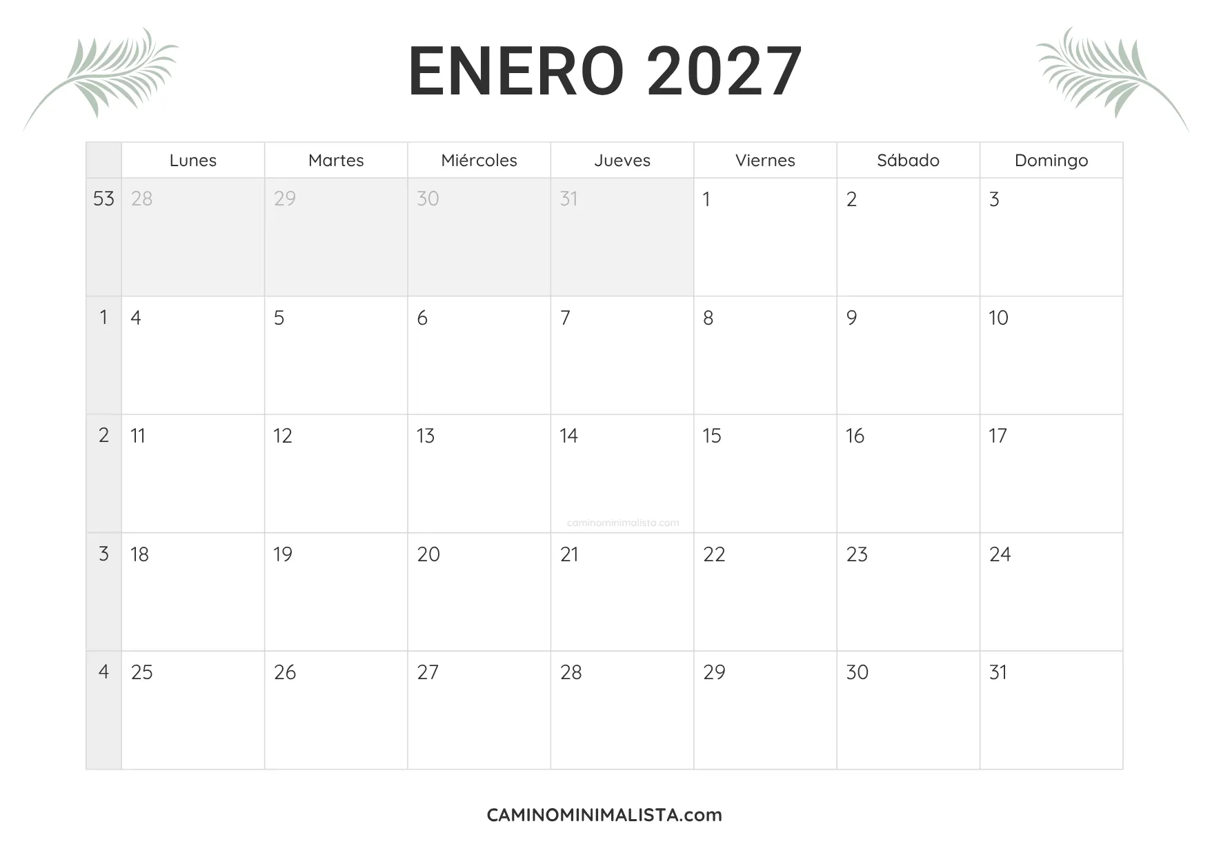 calendario enero 2027 minimalista