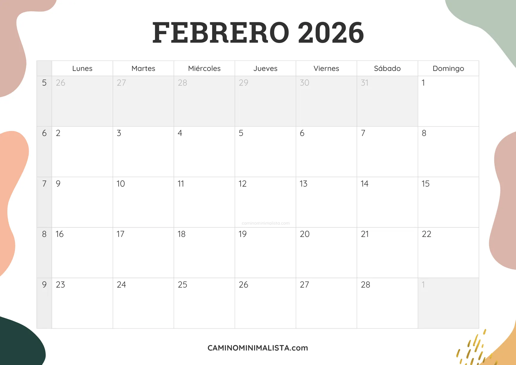 calendario febrero 2026 aesthetic
